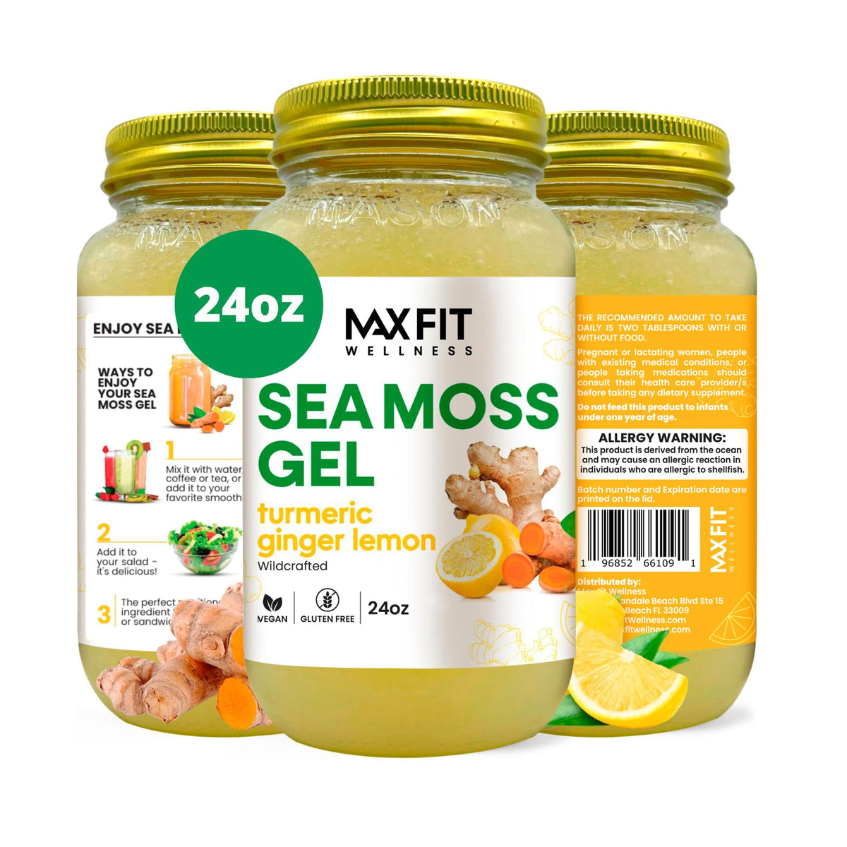 MAX FIT gel de musgo de mar, frasco de 24oz, ideal para nutrición diaria