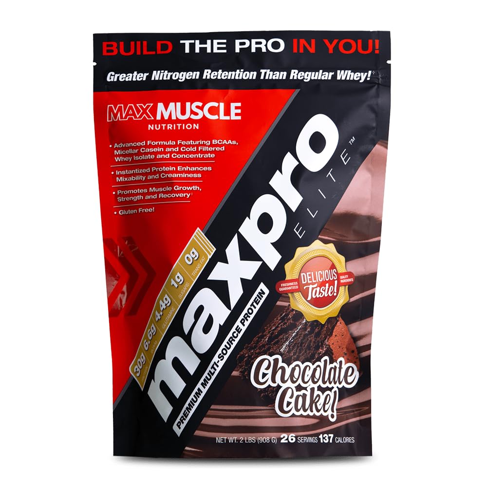 Max Muscle Maxpro Elite lata 2 lb sabor chocolate, proteína multifuente para crecimiento muscular.