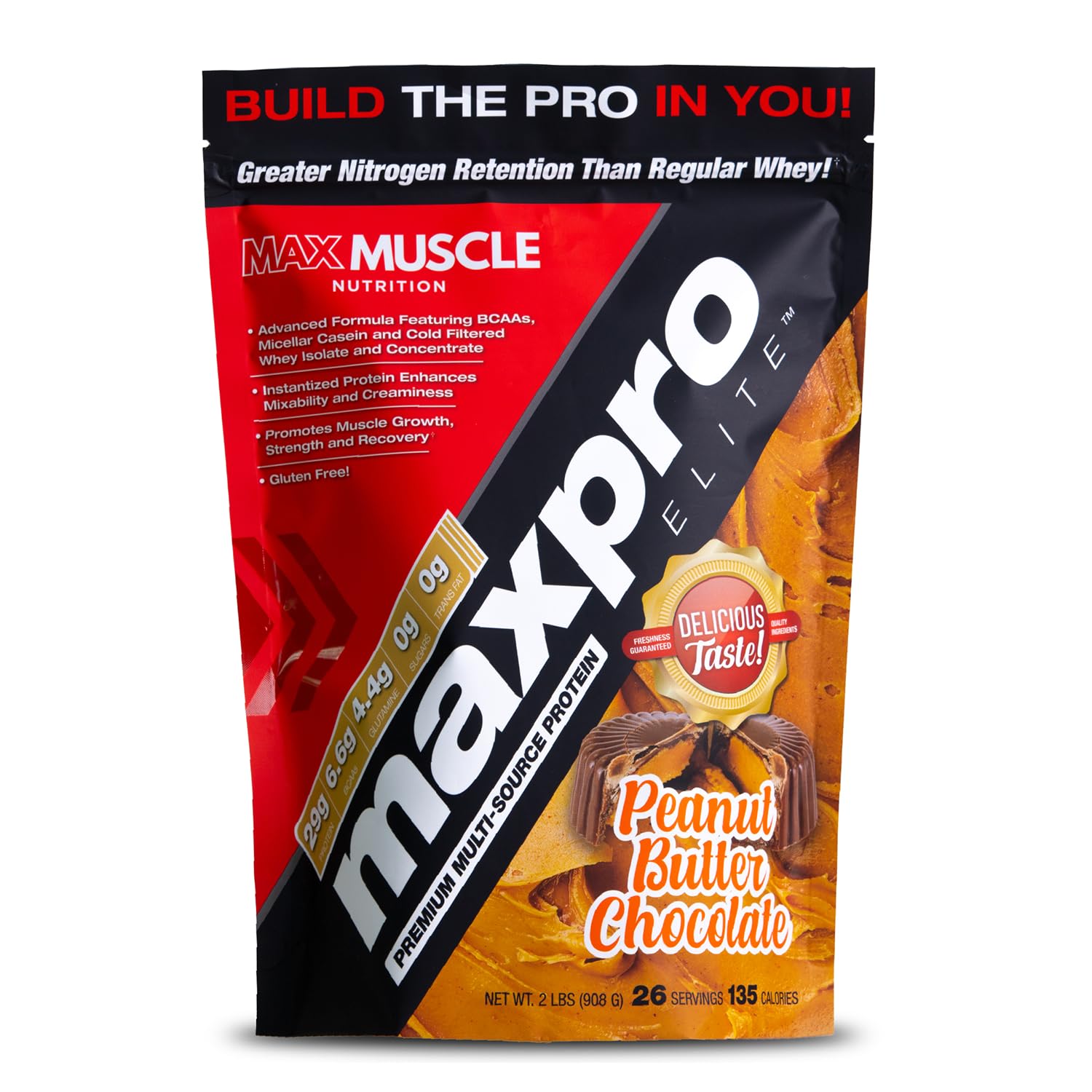 Max Muscle Maxpro Elite porción-30g de proteína para medir ingesta diaria.