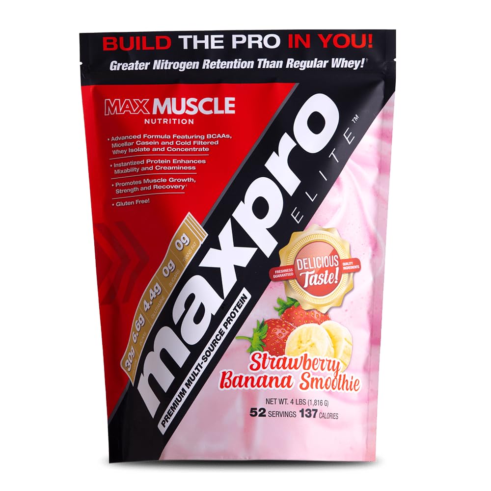 Max Muscle MaxPro Elite: polvo de proteína de suero con sabor fresa-plátano para crecimiento muscular