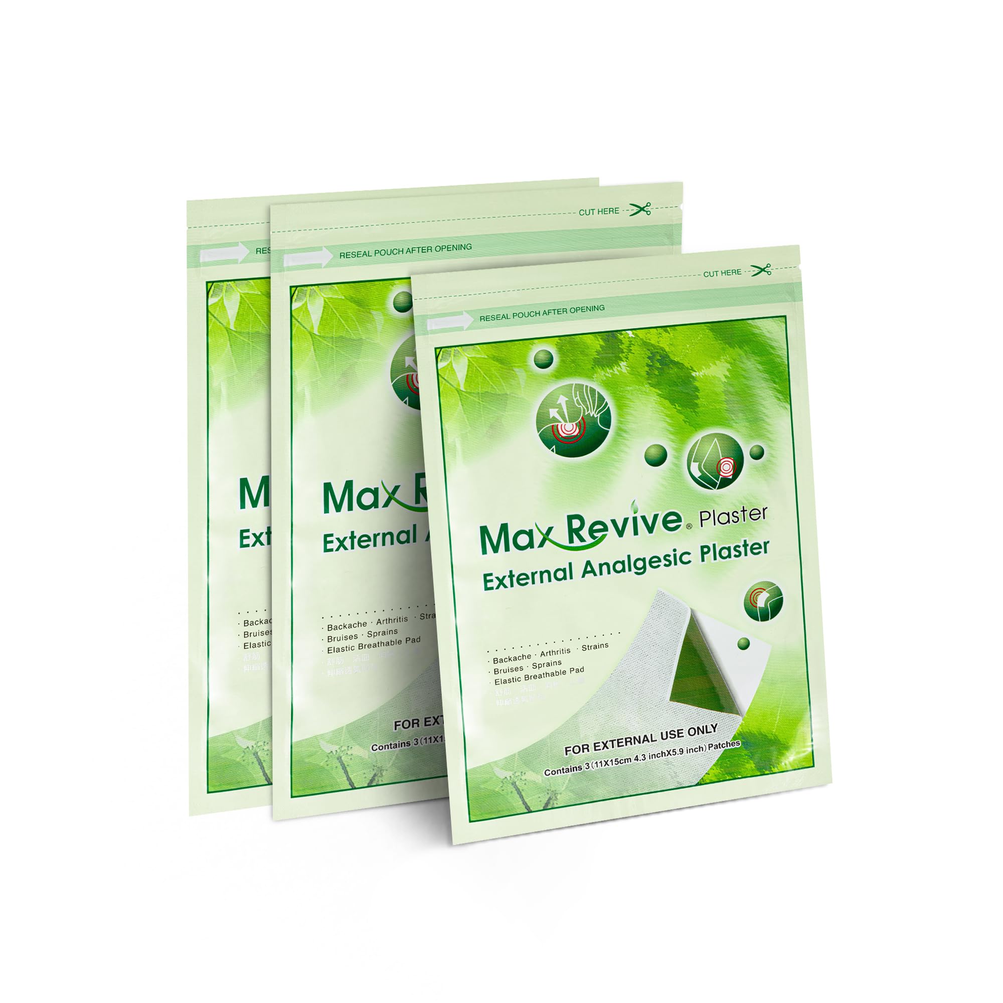 Parche externo analgésico Max Revive para alivio localizado de dolores musculares.