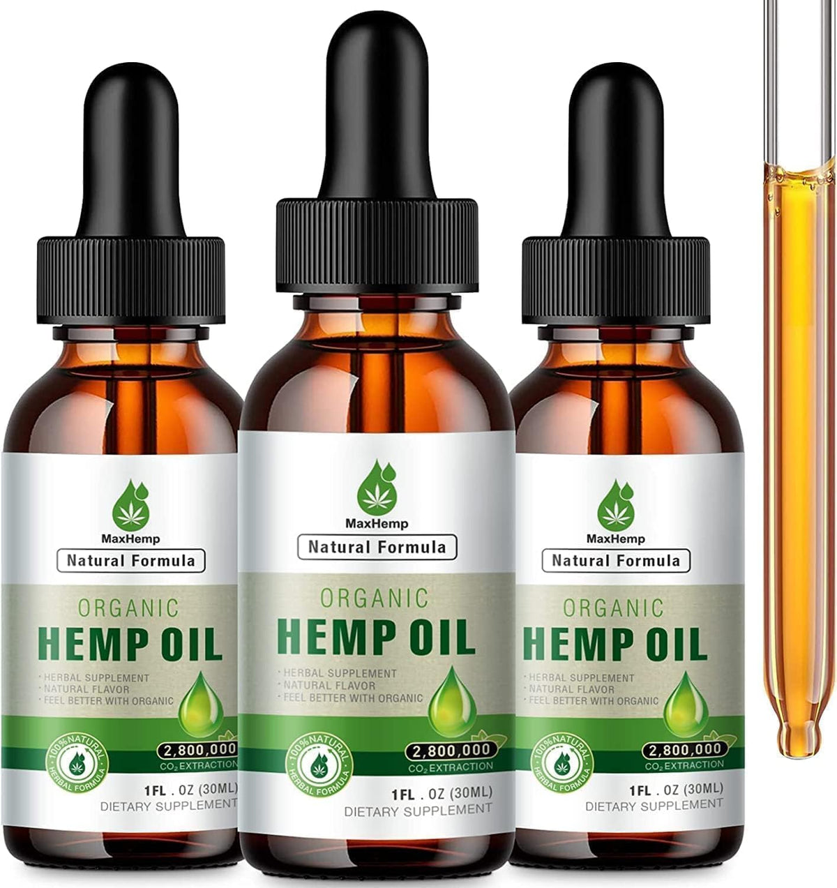 MaxHemp: botella de aceite CBD con gotero para uso diario y bienestar.