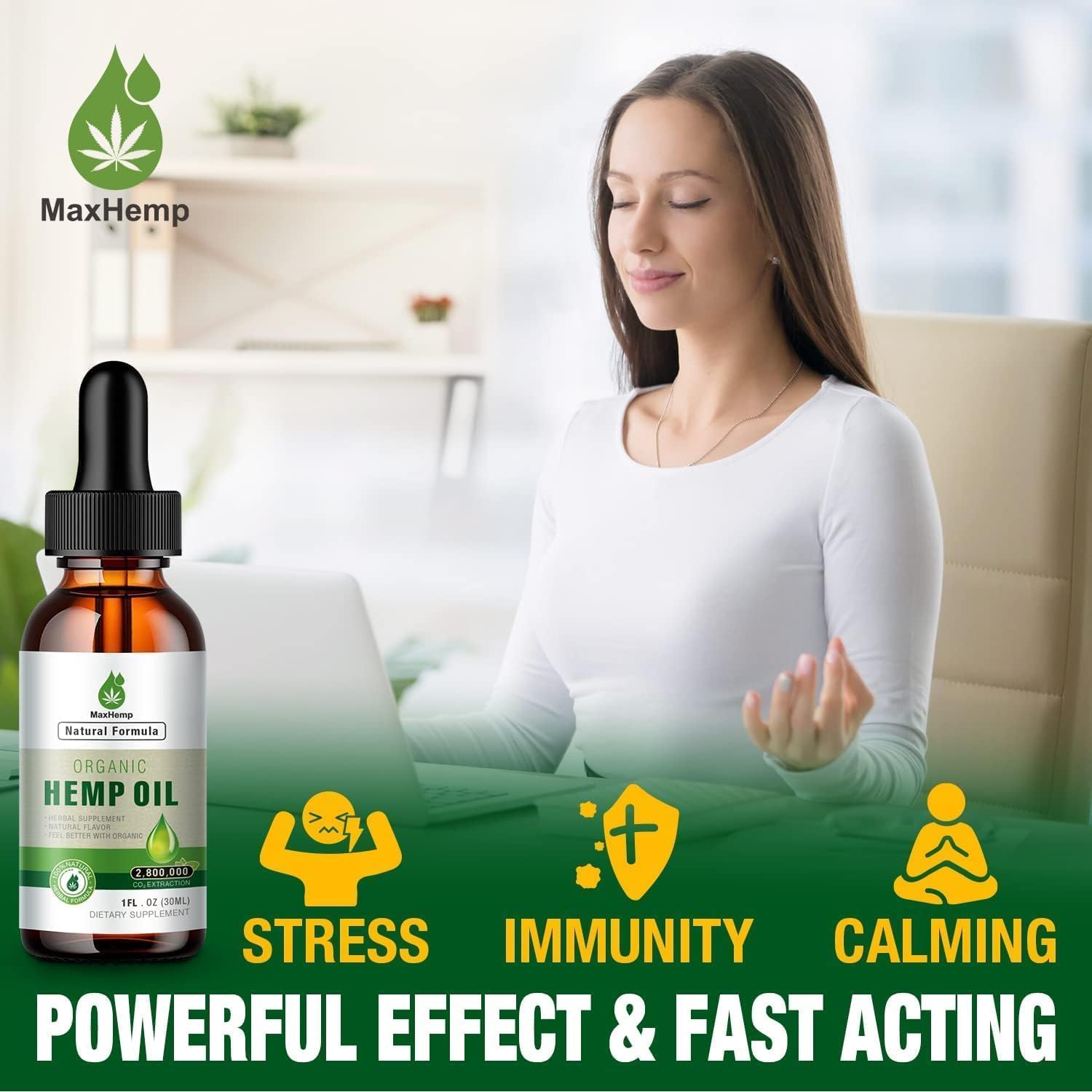 MaxHemp: etiqueta orgánica visible y diseño claro del producto.