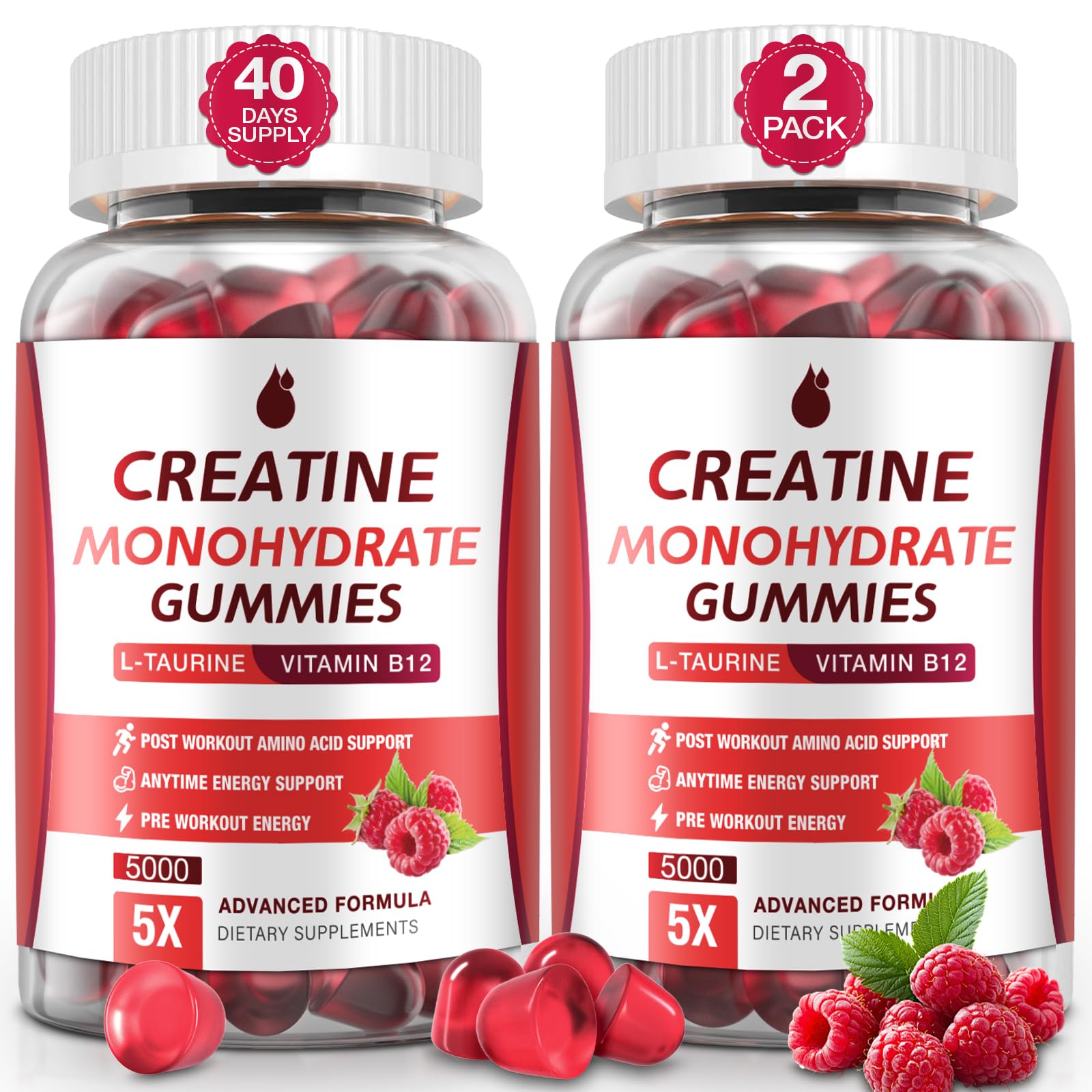 MaxHemp gomitas creatina frambuesa en envase, apoyo muscular práctico para entrenamientos.