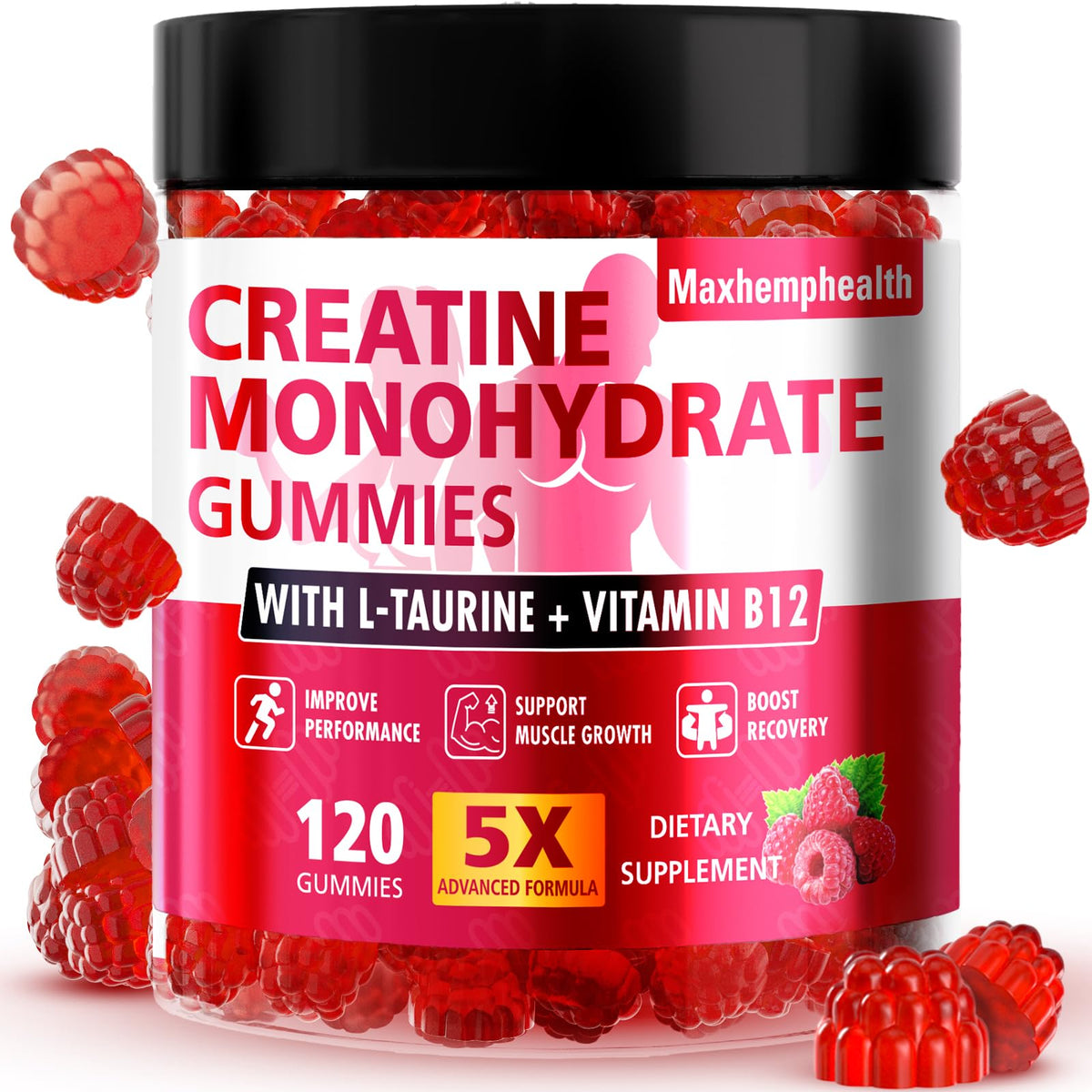 Gominolas de creatina Maxhemphealth sabor frambuesa, envase práctico para entrenamientos.
