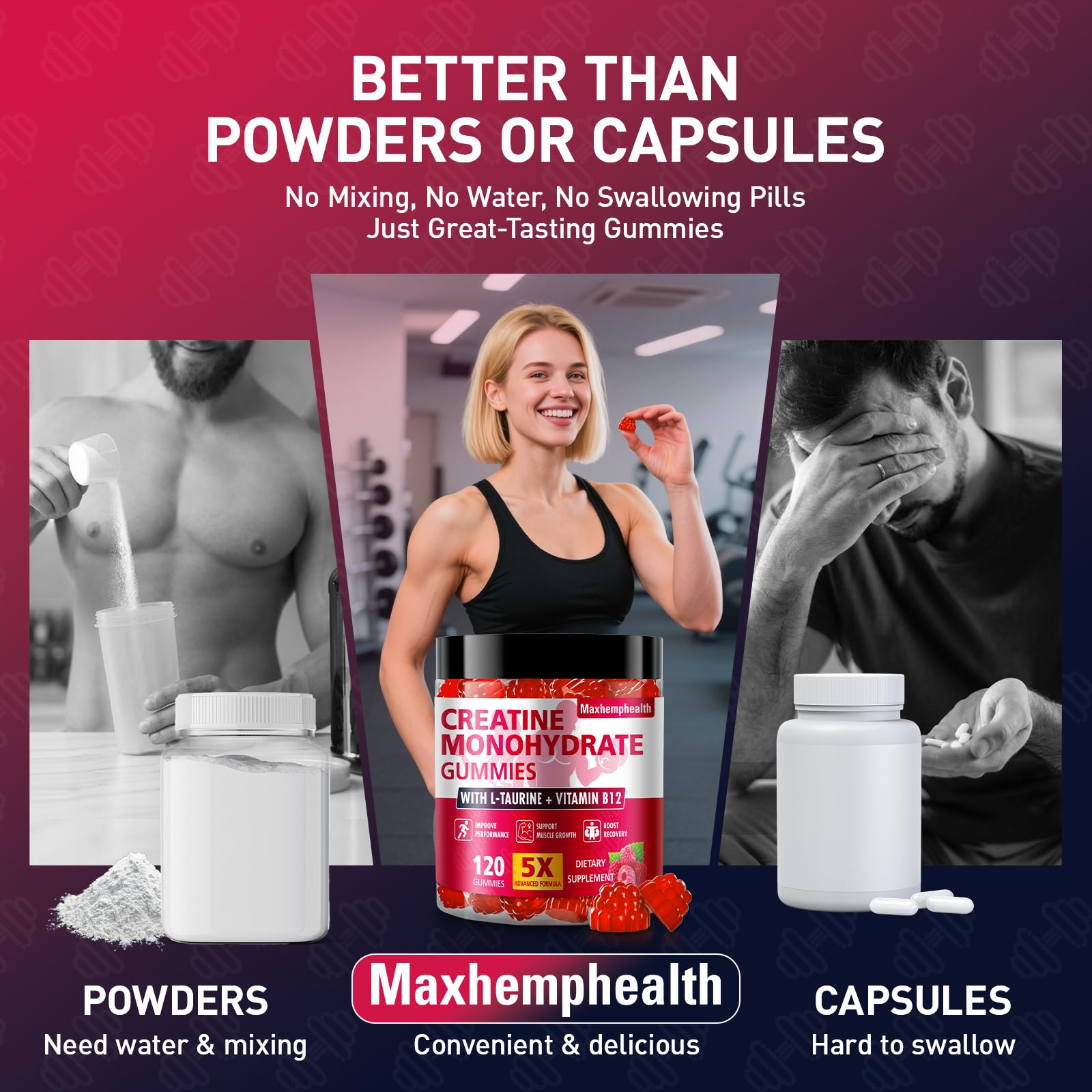 Gominolas de creatina Maxhemphealth sabor frambuesa, apoyo en la recuperación muscular tras entrenamientos.