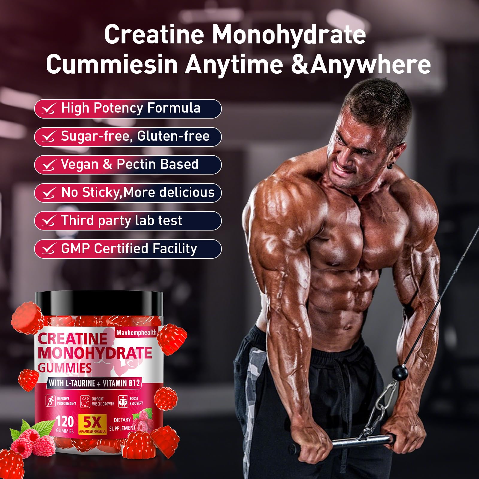 Gominolas de creatina Maxhemphealth sabor frambuesa, sin conservantes para una opción limpia.