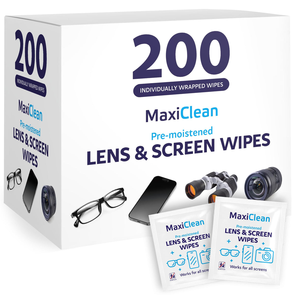 Maxi Clean: toallitas para lentes empaquetadas, limpieza rápida y práctica.
