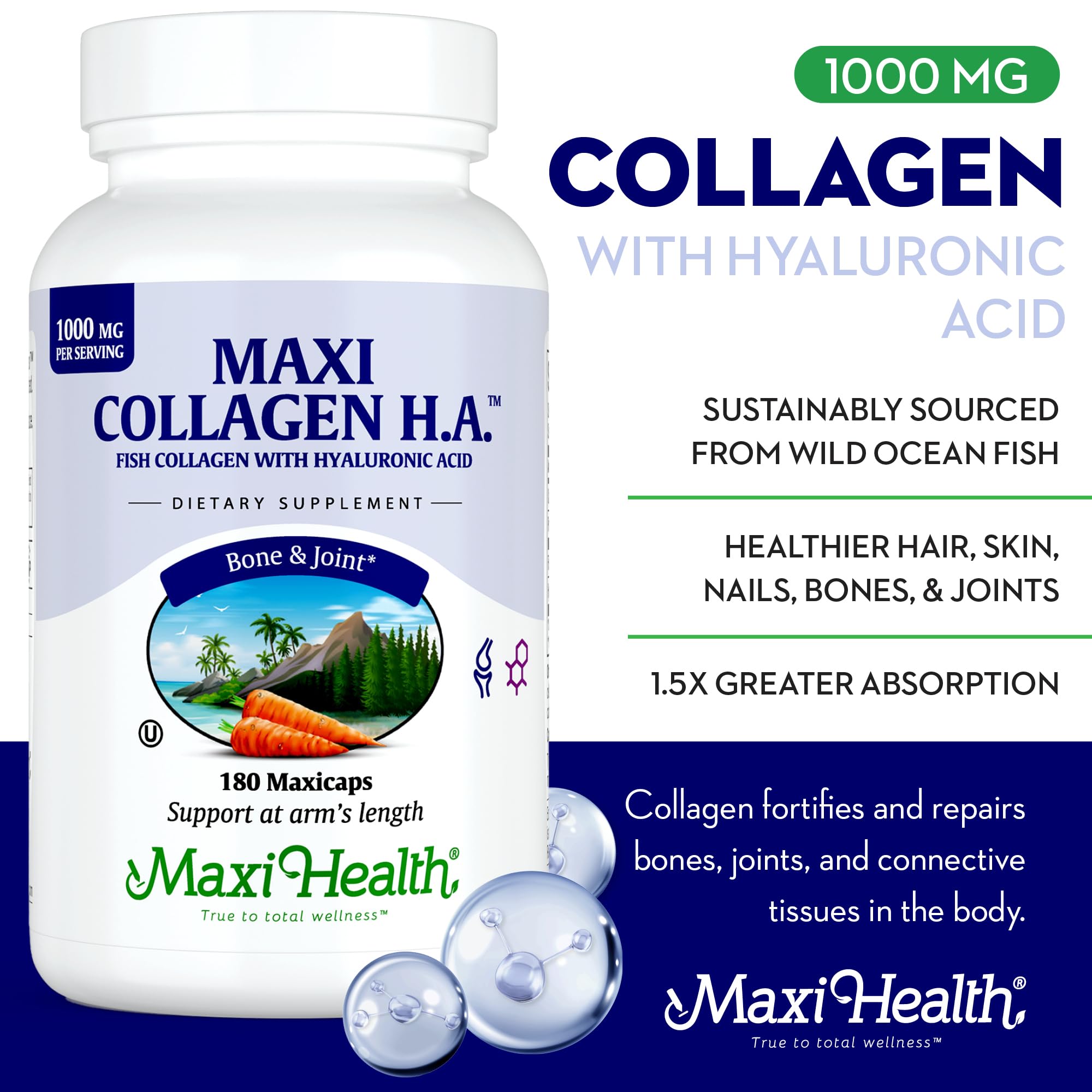 Maxi Health cápsulas de colágeno marino sin sabor para uso diario.