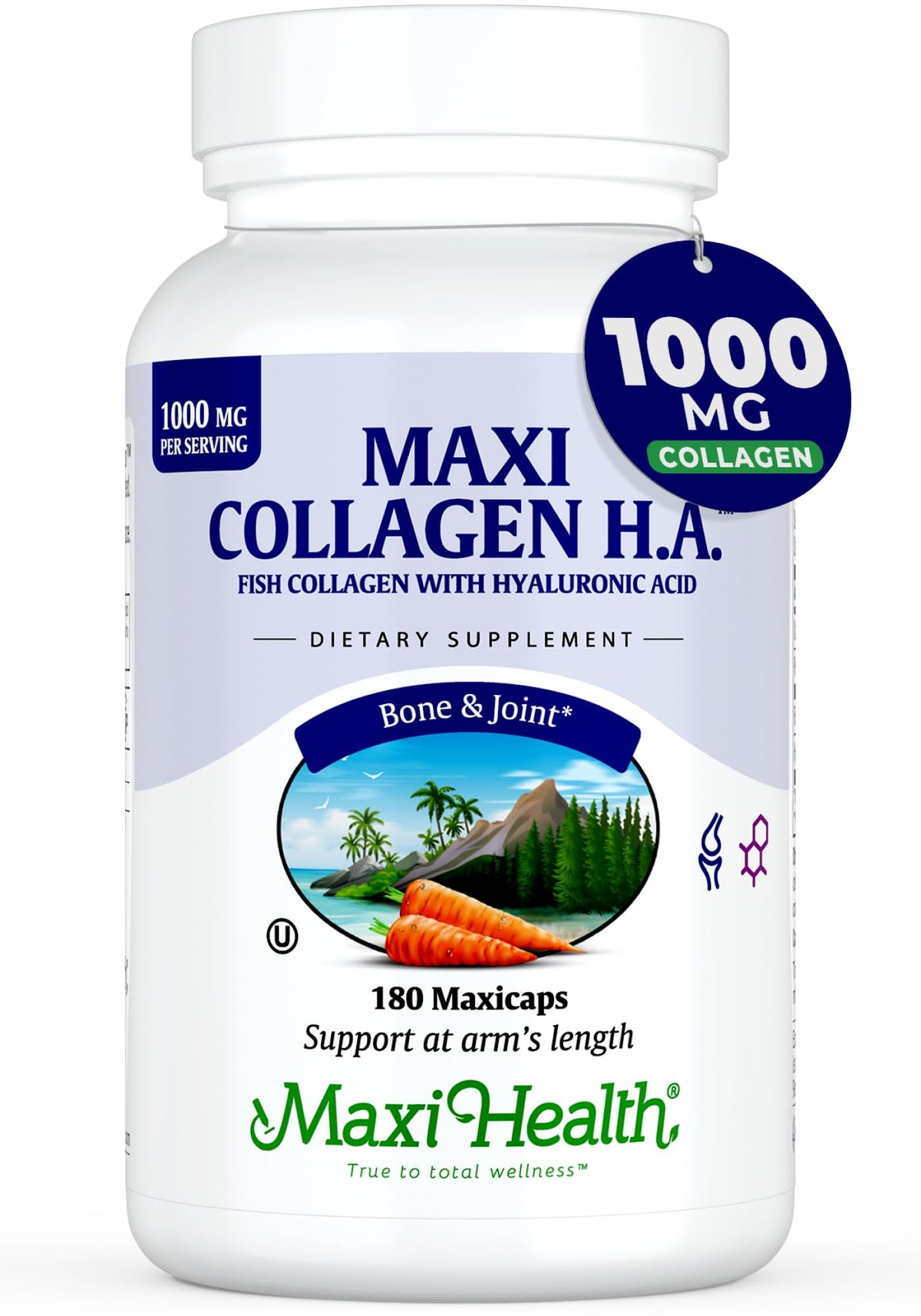 Maxi Health colágeno marino 1000 mg en botella, soporte para articulaciones y piel.