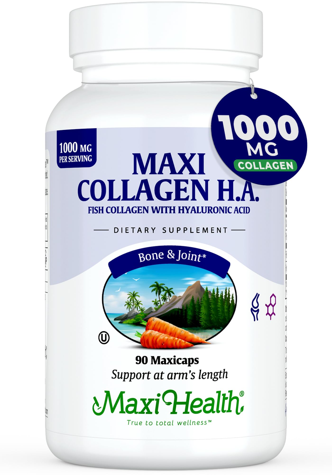 Maxi Health Colágeno Marino 1000 mg, cápsulas para articulaciones y piel saludable.
