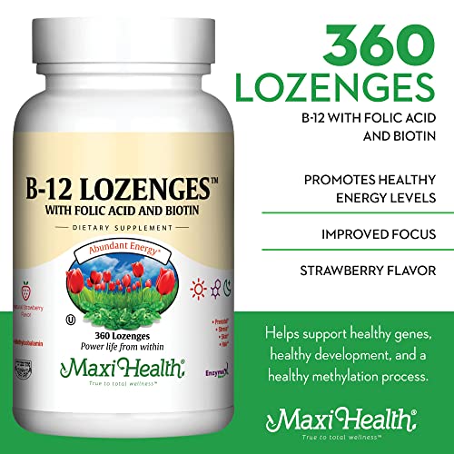 Metilcobalamina, folato y biotina en Maxi Health B12 para energía sostenida.
