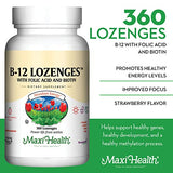 Metilcobalamina, folato y biotina en Maxi Health B12 para energía sostenida.