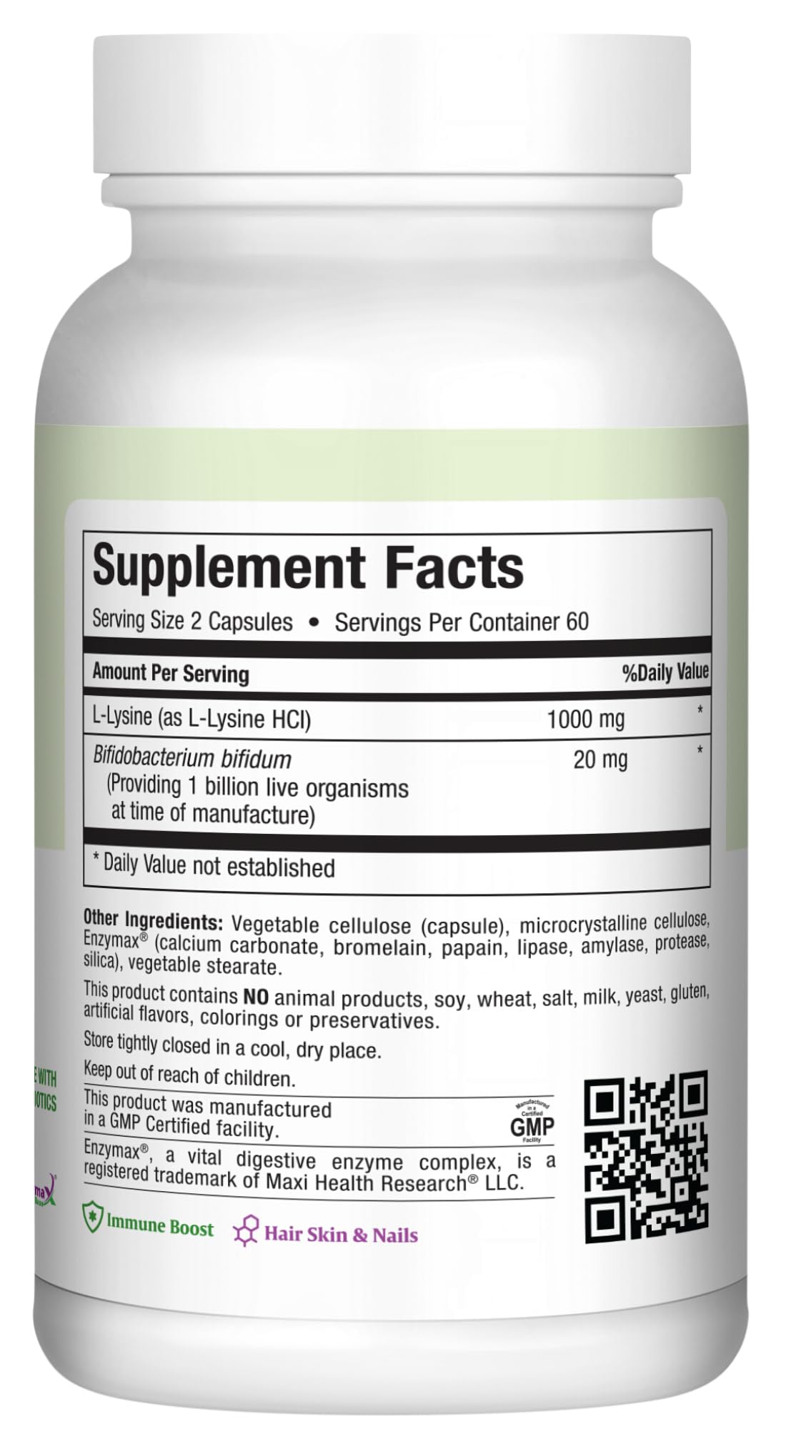 Cápsulas Maxi Health Lisina Complex en primer plano, opción de apoyo nutricional diario.