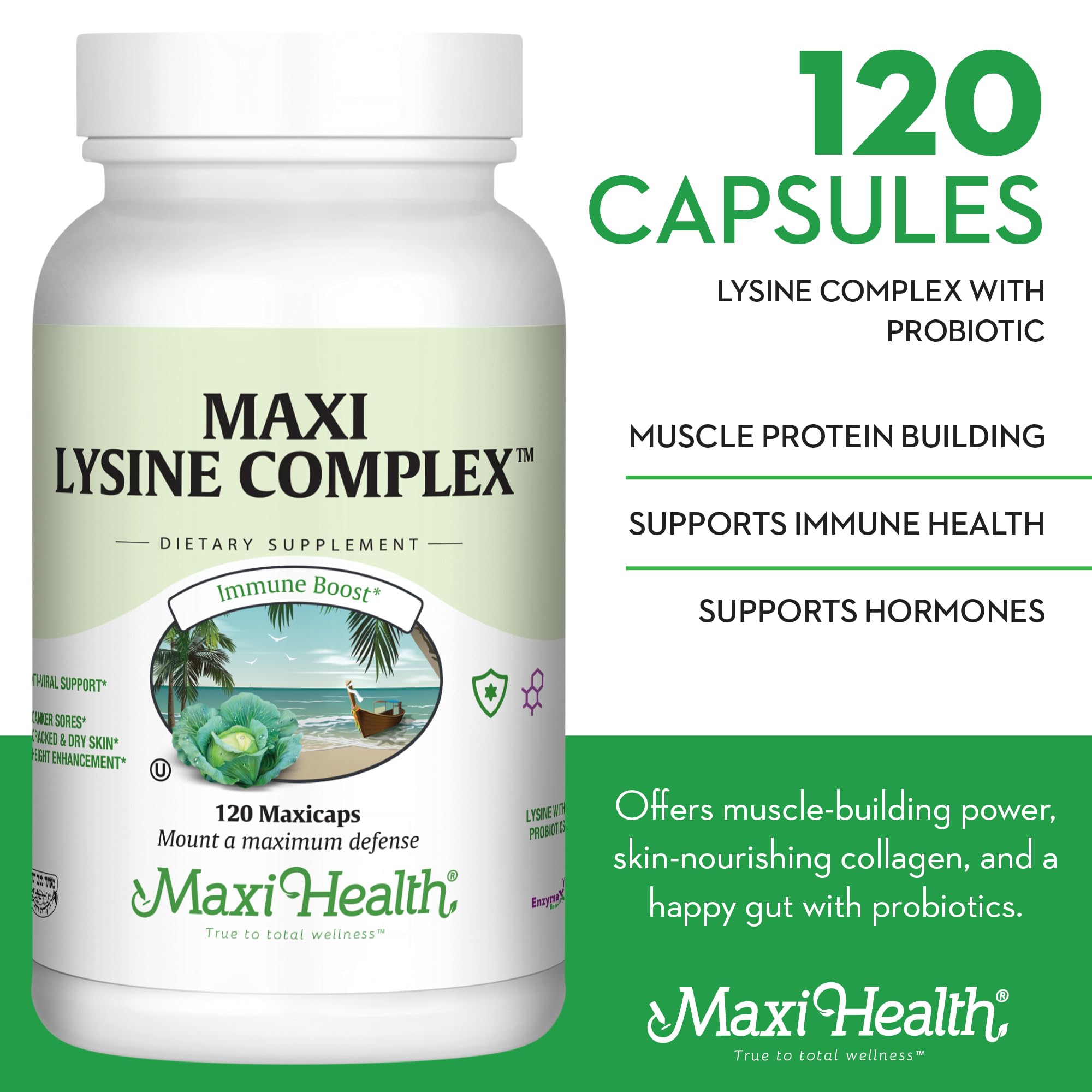 Etiqueta Maxi Health Lisina Complex muestra ingredientes y formato en cápsulas.