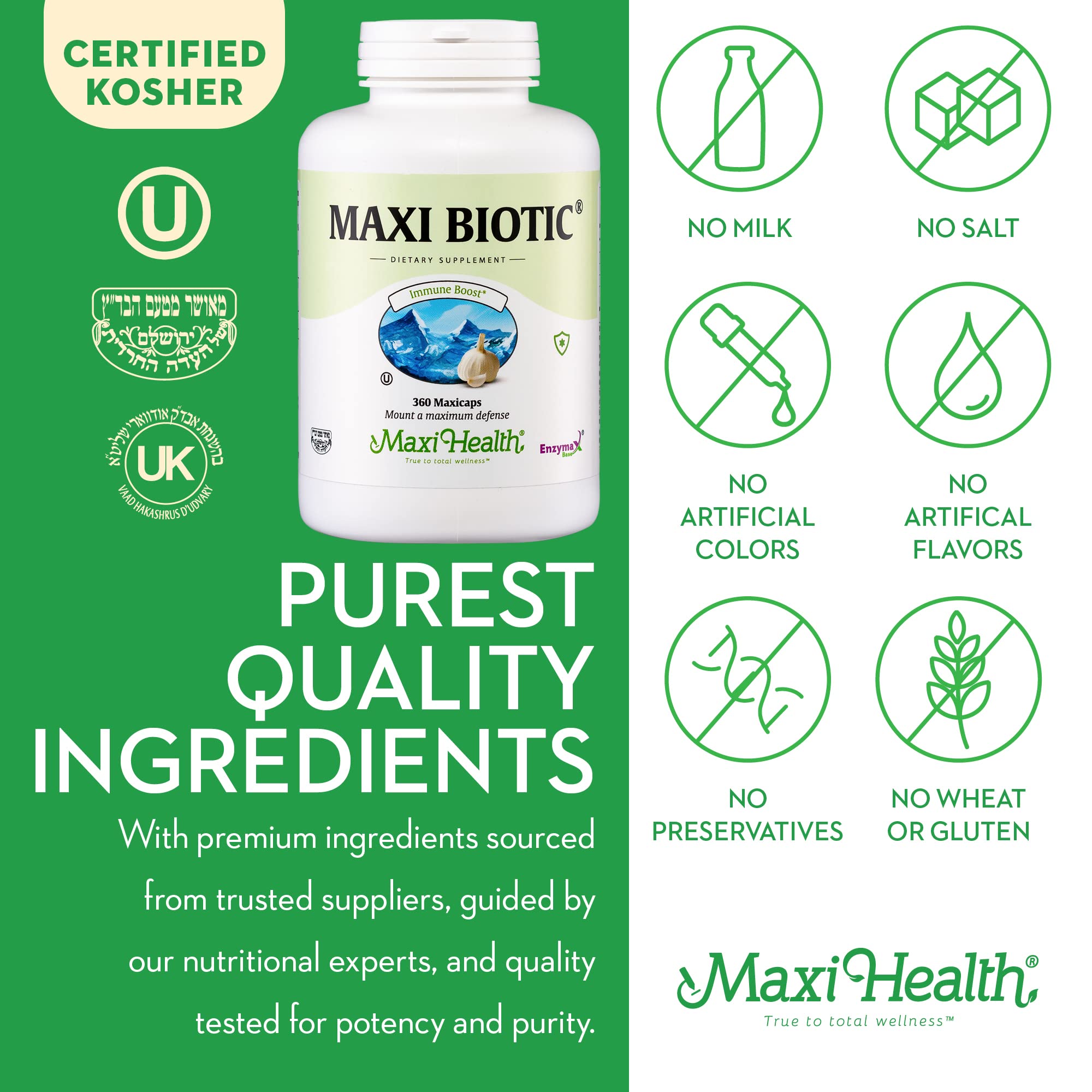 Maxi Health Maxi Biotic etiqueta detallada con dosis y ingredientes.