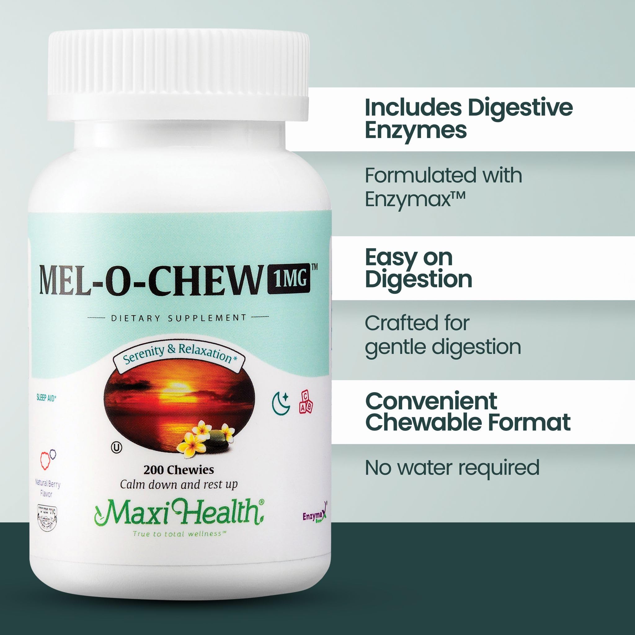 Enzymax mejora la absorción en Maxi Health Mel-O-Chew para una experiencia más eficiente.