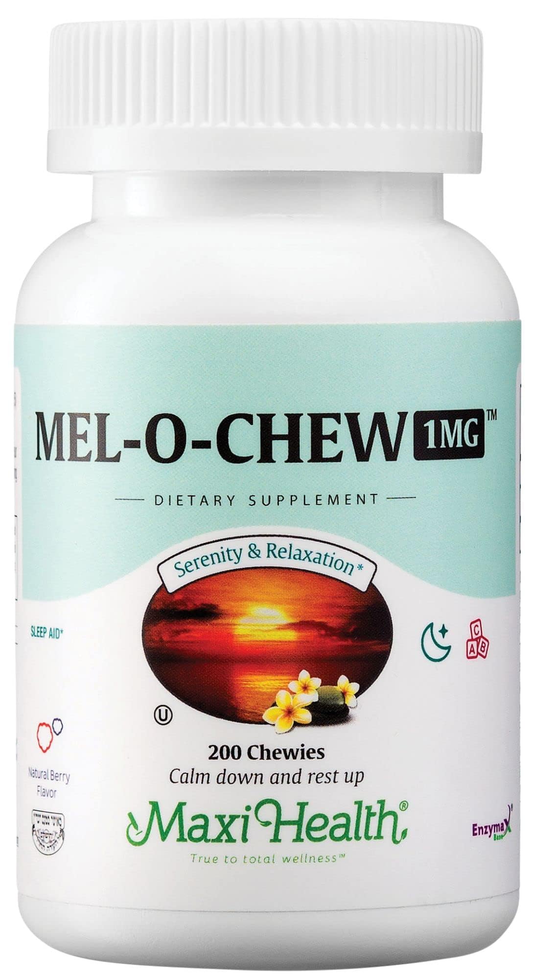 Maxi Health Mel-O-Chew frasco 1 mg para dormir naturalmente, formato masticable.