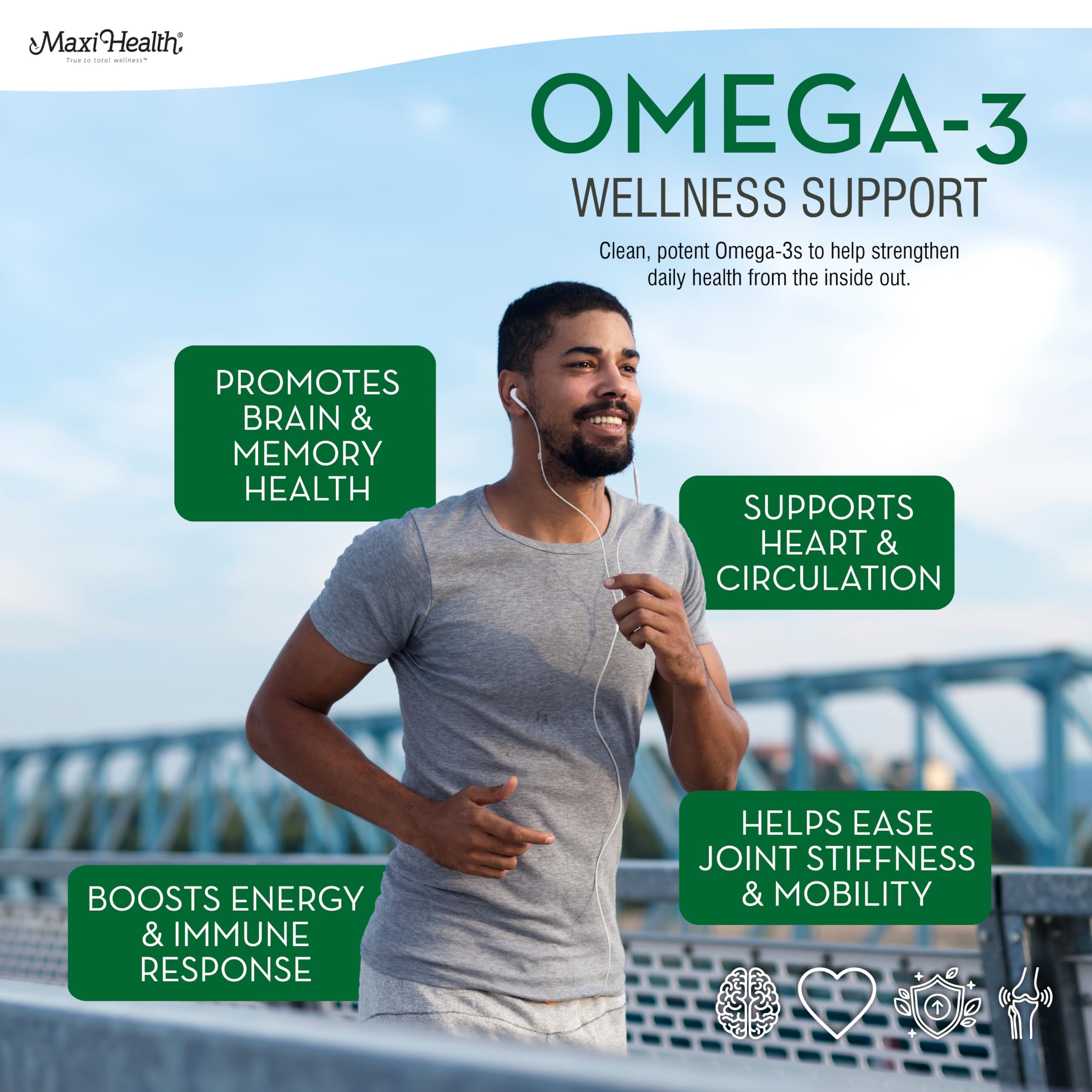 Envase Maxi Health Omega-3 y empaque para uso diario