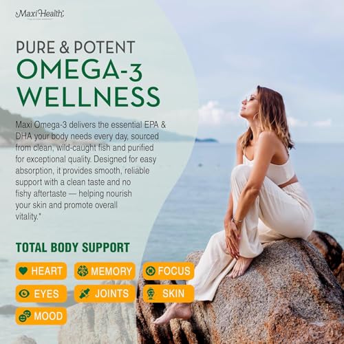 Etiqueta clara de Maxi Health Omega-3 con información de ingredientes