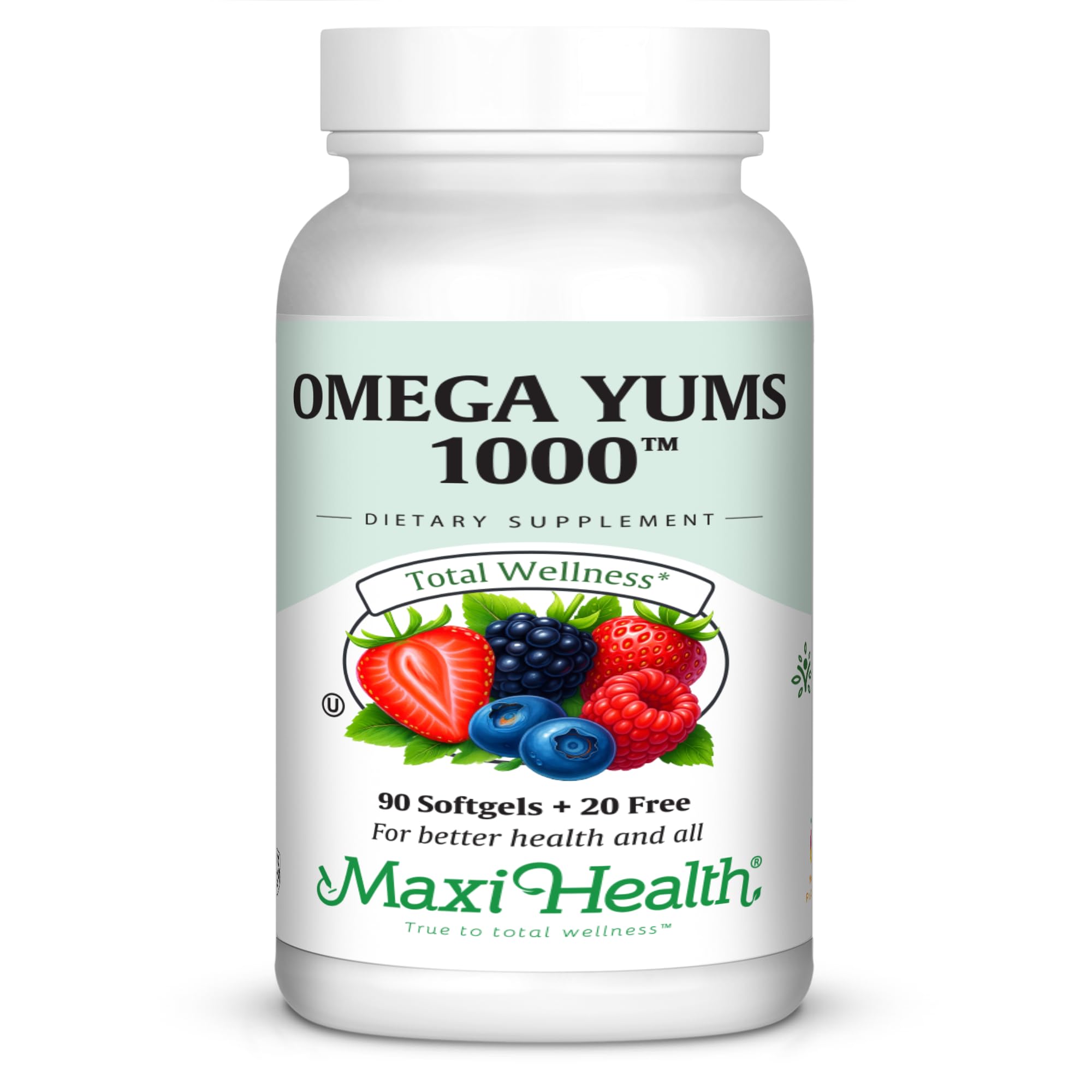 Botella Maxi Health Omega Yums con sabor frutal para toda la familia.