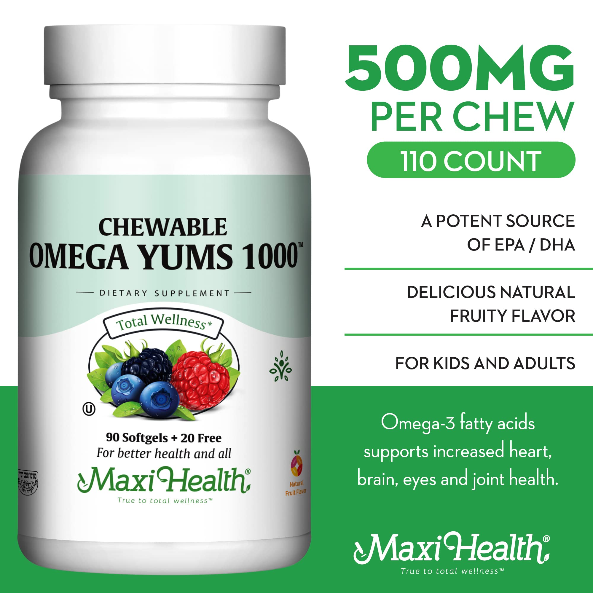 Cápsulas blandas Maxi Health Omega Yums, 1000 mg, fáciles de masticar.