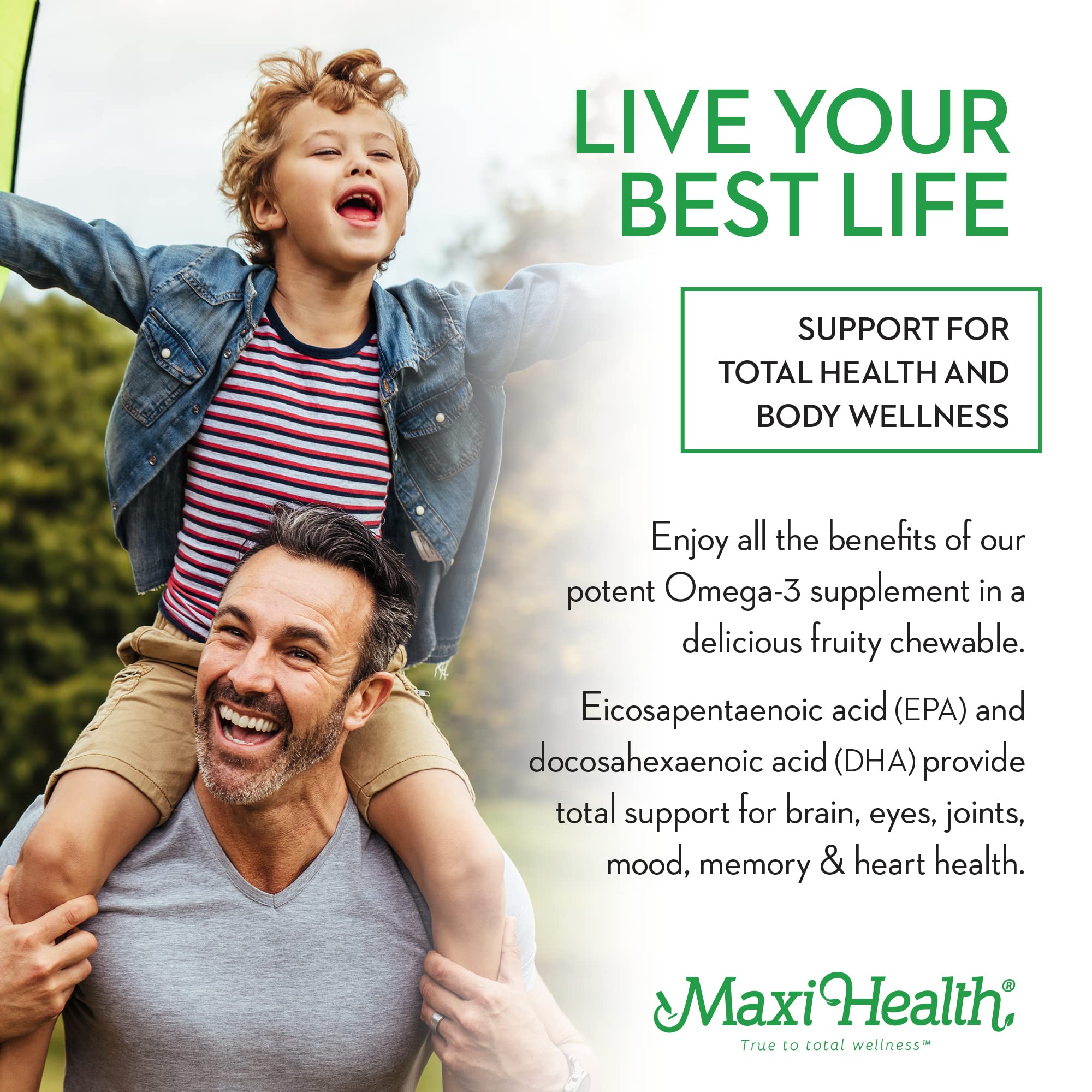 Etiqueta Maxi Health Omega Yums destacando sabor frutal para niños.