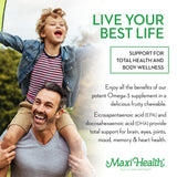 Etiqueta Maxi Health Omega Yums destacando sabor frutal para niños.