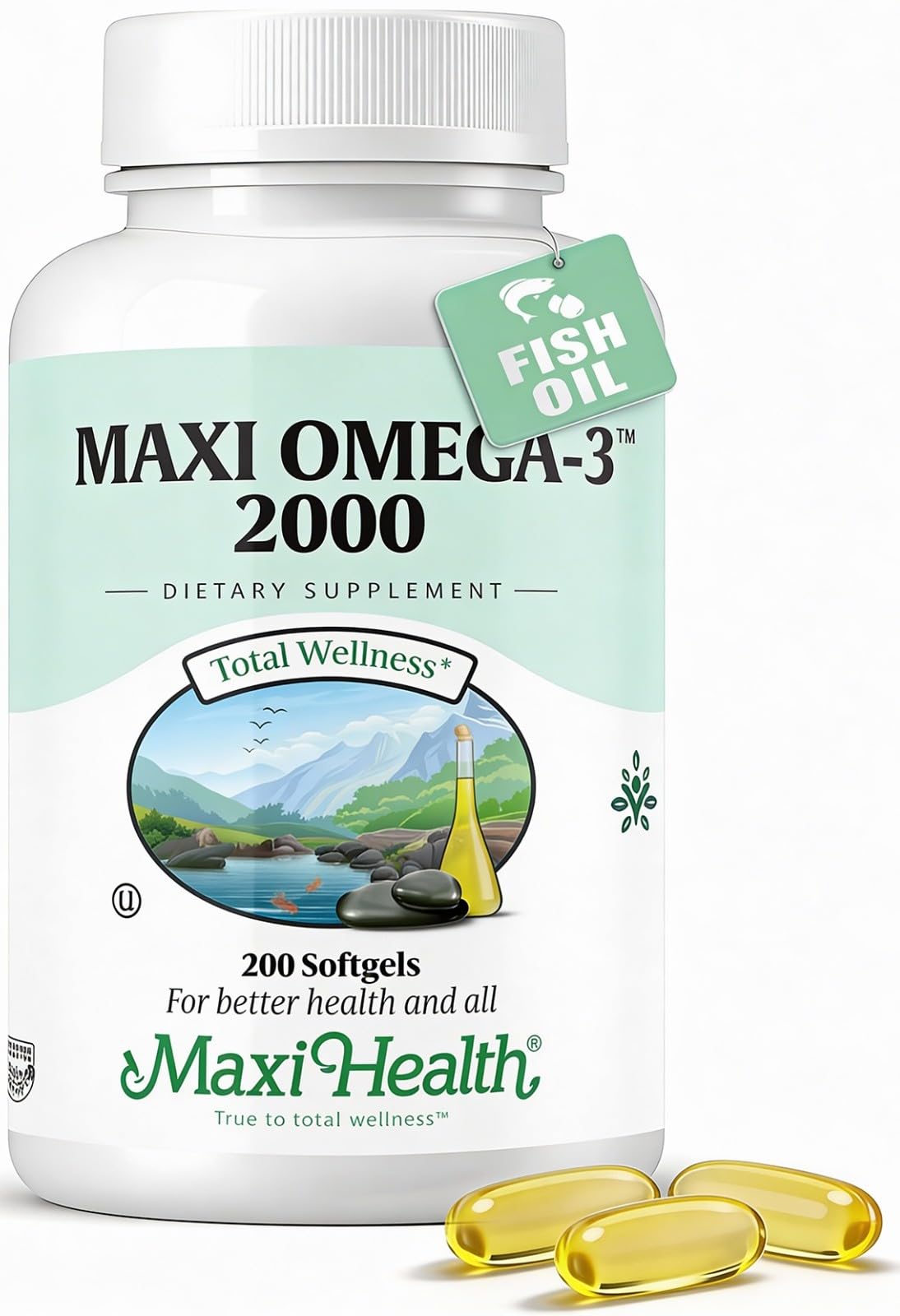 Maxi Health Omega 3: botella con etiqueta para uso diario