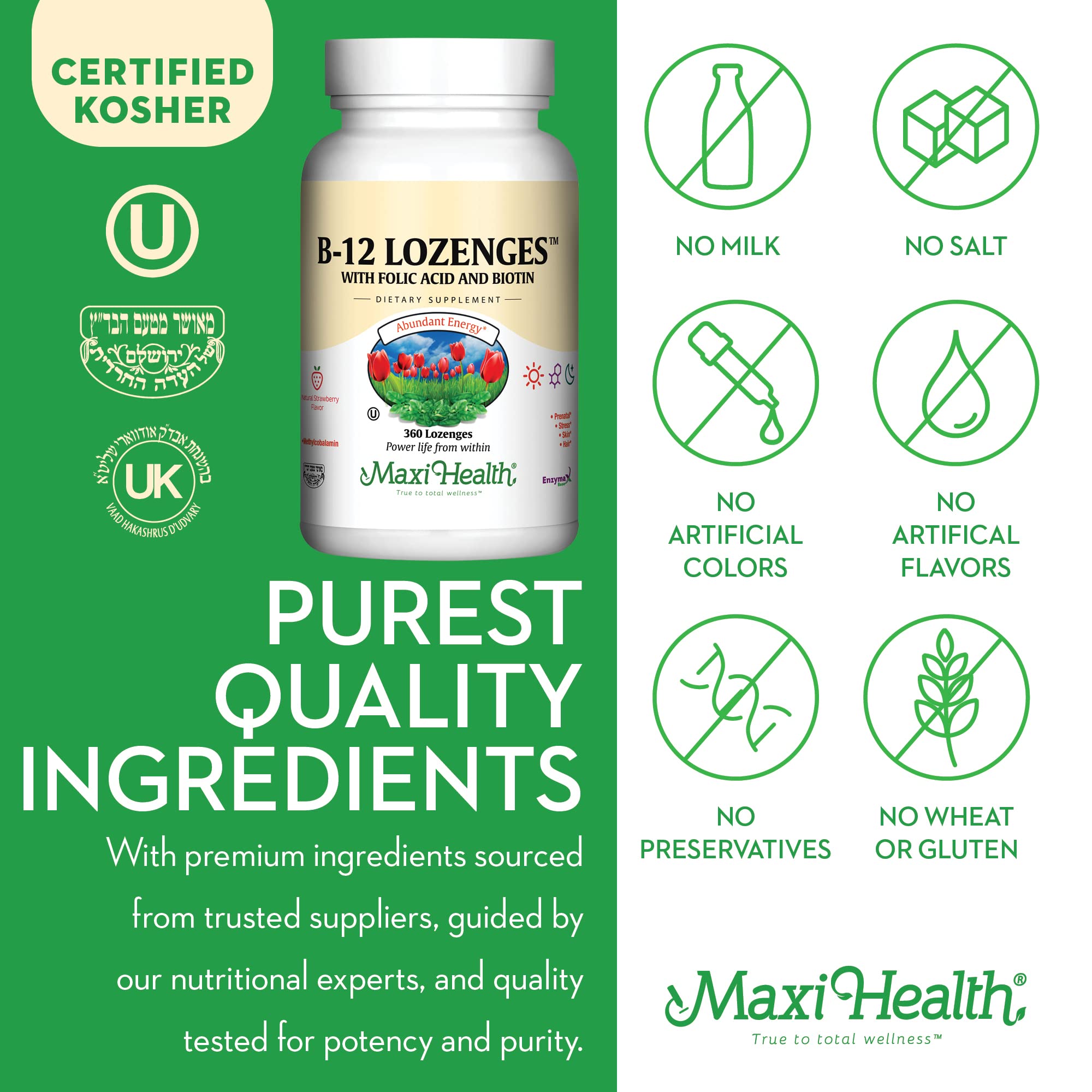 Sin ingredientes artificiales, Maxi Health B12 para energía natural.