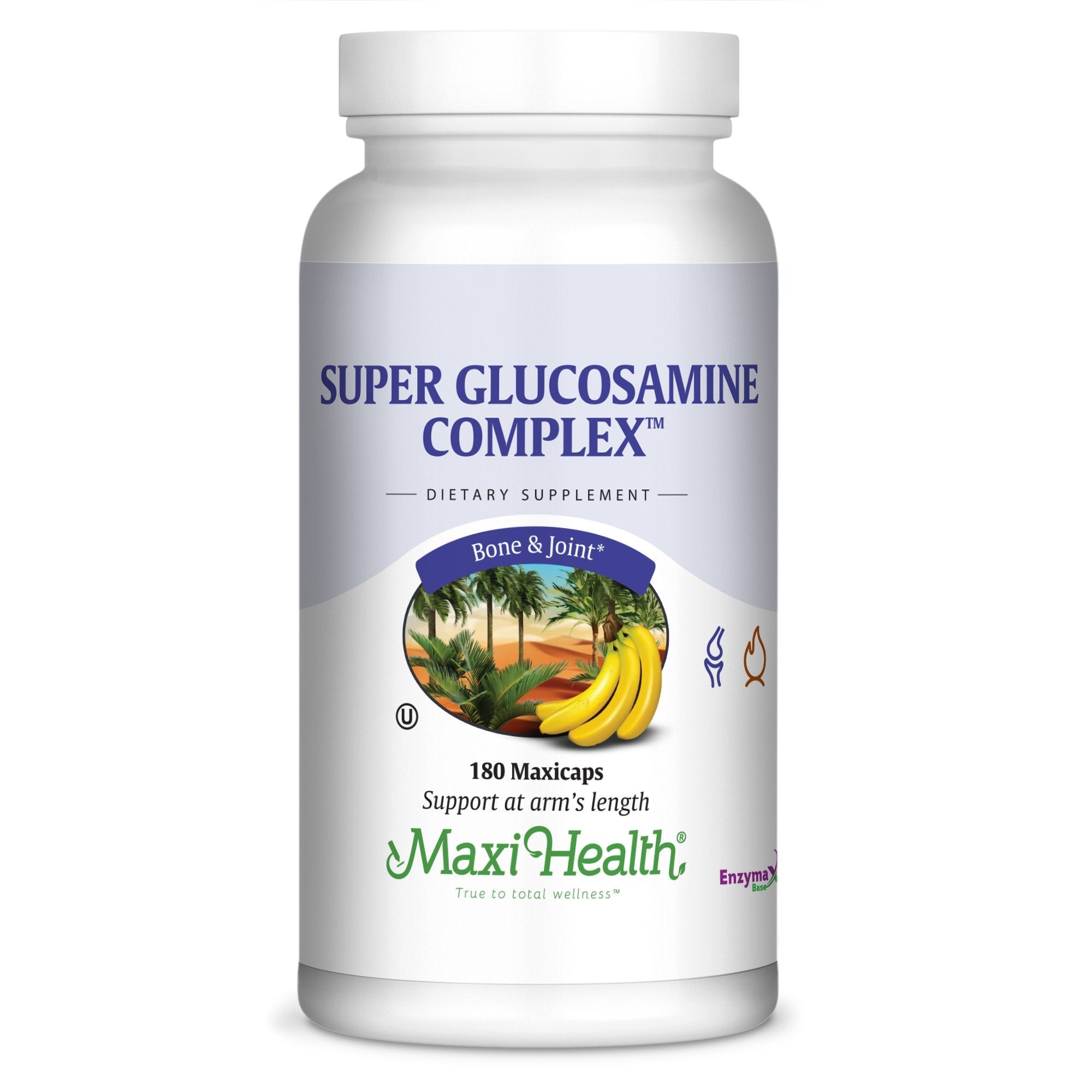 La botella frontal de Maxi Health Super Glucosamine Complex para apoyar la movilidad diaria.