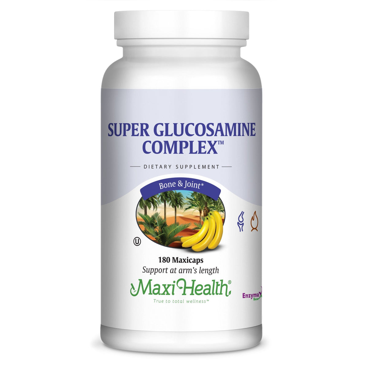 La botella frontal de Maxi Health Super Glucosamine Complex para apoyar la movilidad diaria.