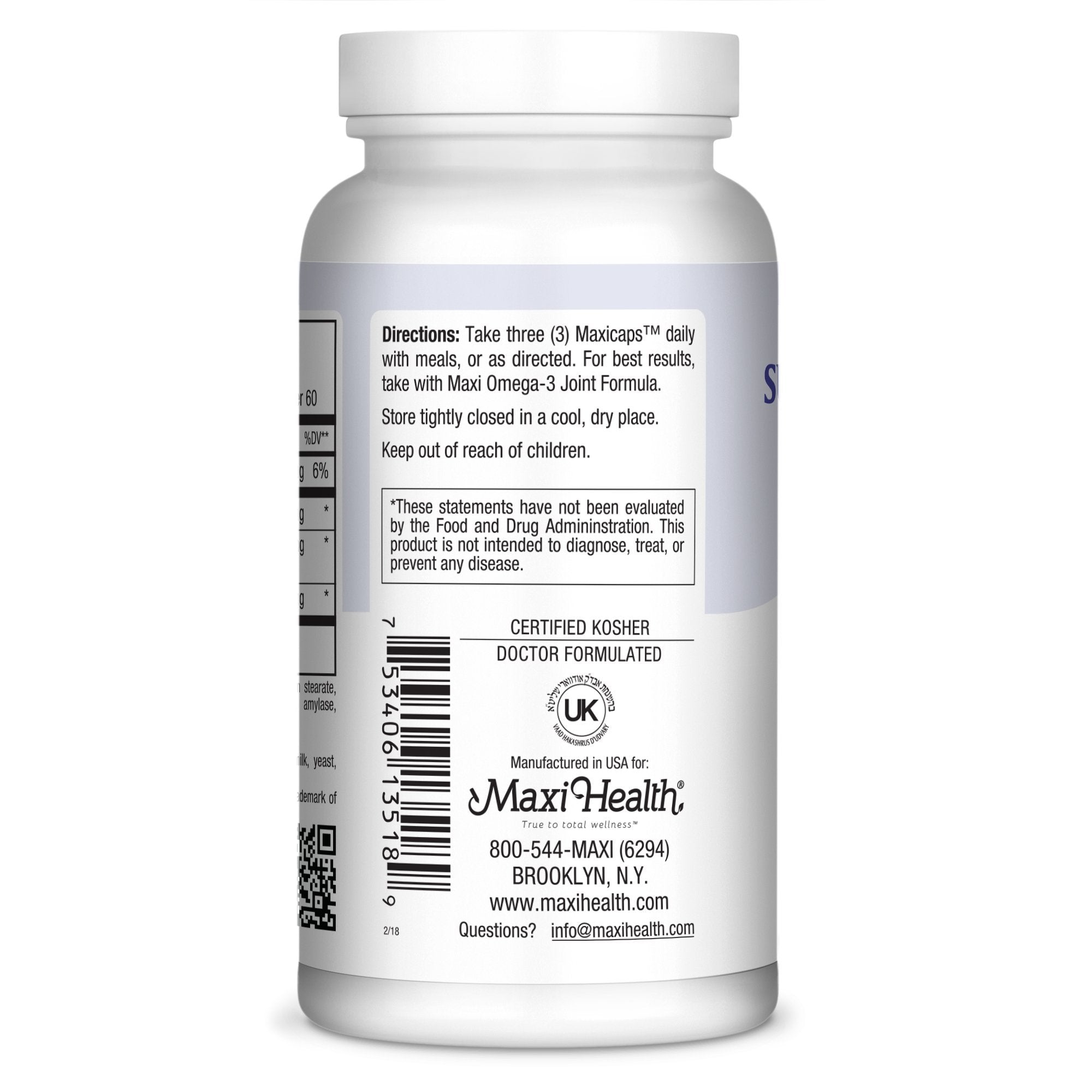Cápsulas dentro de la botella de Maxi Health Super Glucosamine Complex con enfoque en calidad.