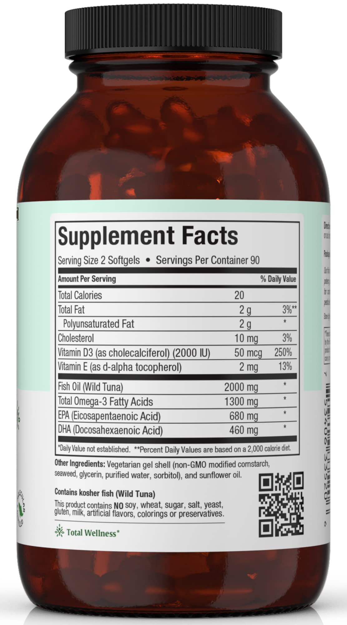 Etiqueta frontal Maxi Health Omega 3 señala EPA y DHA para ojos, cerebro y articulaciones