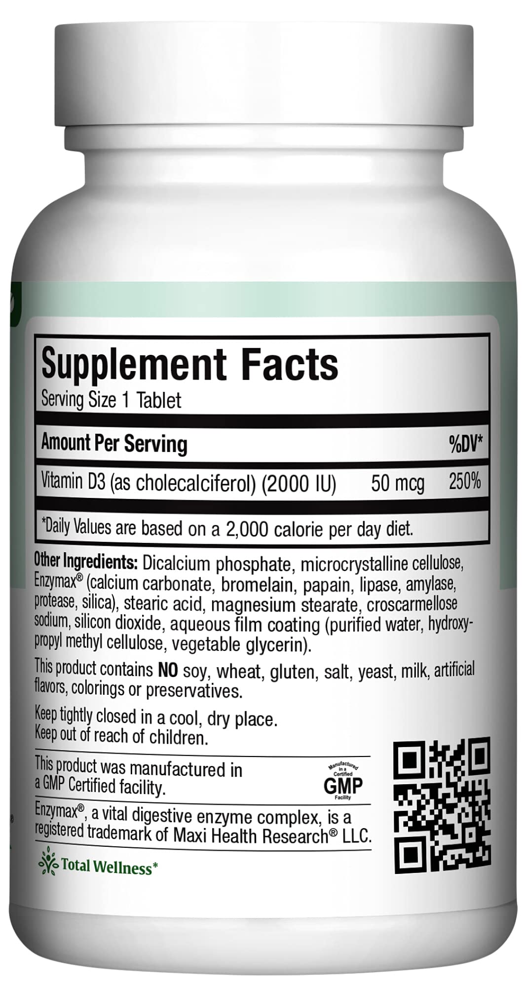 Maxi Health Vitamina D3 2000UI: etiqueta frontal para uso diario
