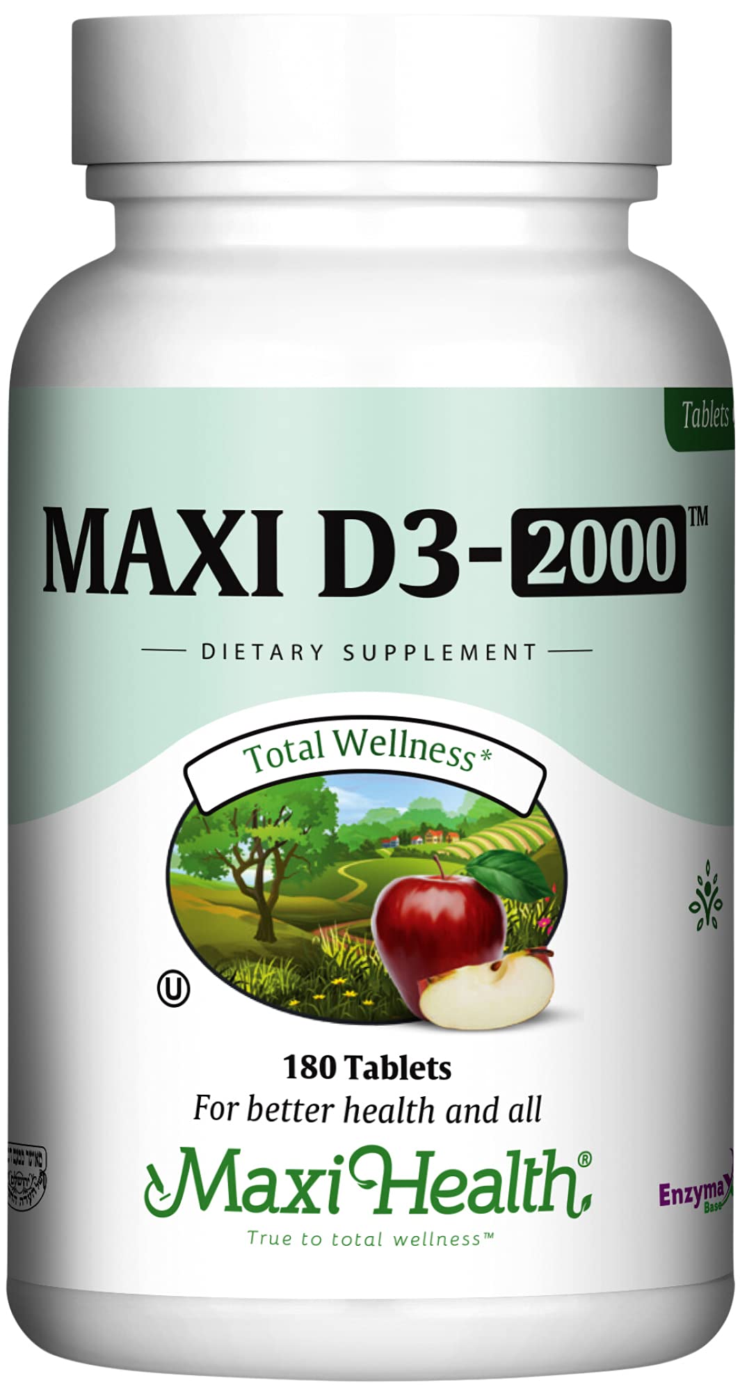Maxi Health Vitamina D3 2000UI: tabletas frente, apoyo potencial para huesos y dientes