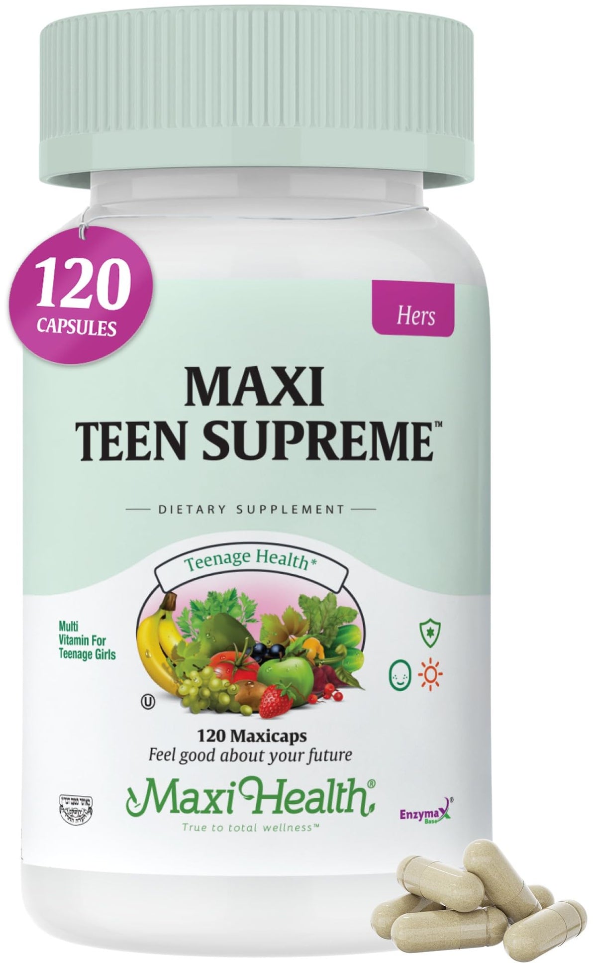 Maxi Health vitaminas para adolescentes, botella llena, apoyo diario para crecimiento