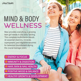 Maxi Health vitaminas adolescentes, niña tomando para energía en clase y deporte