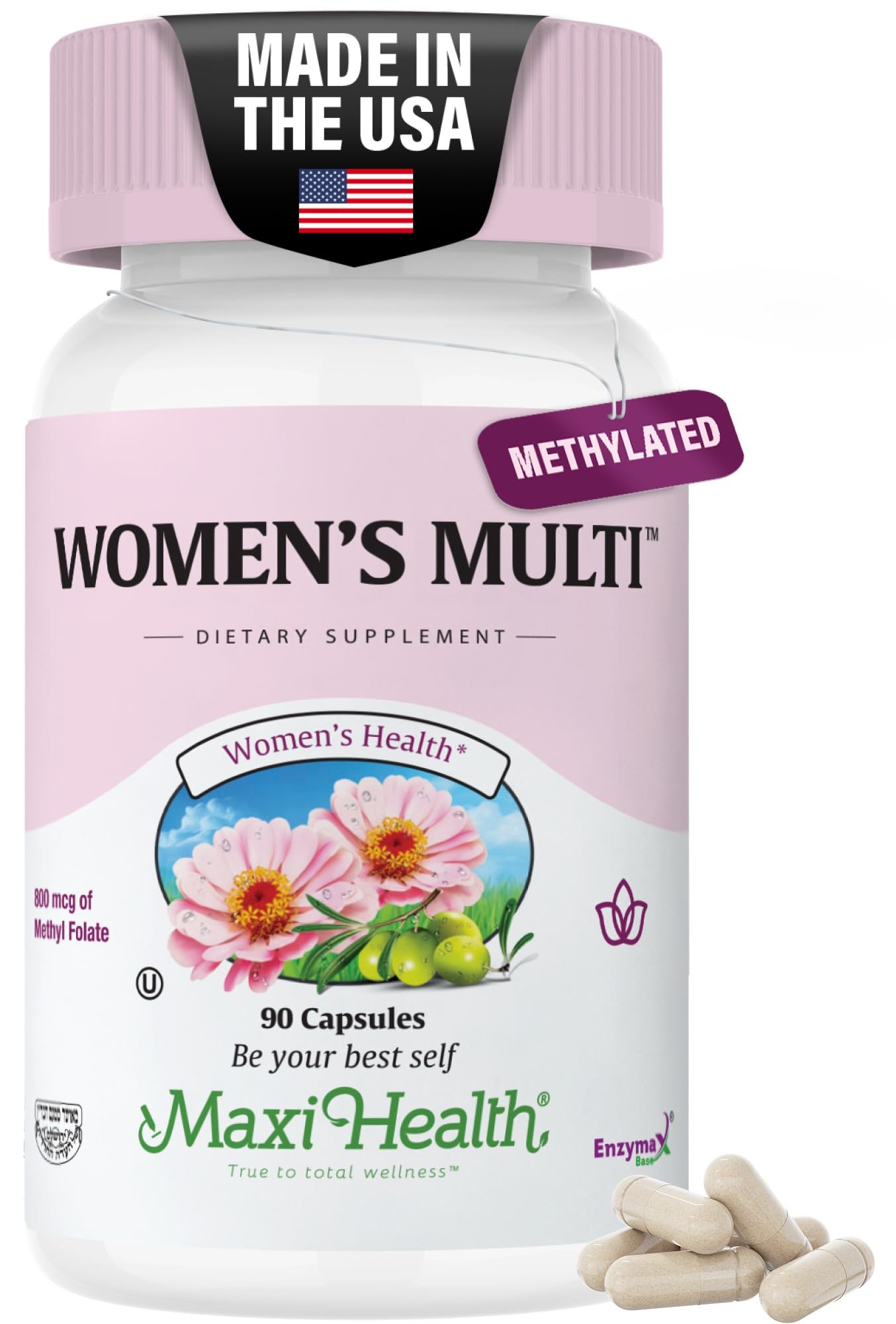 Maxi Health multivitamínico femenino, botella frontal, apoyo a la energía diaria