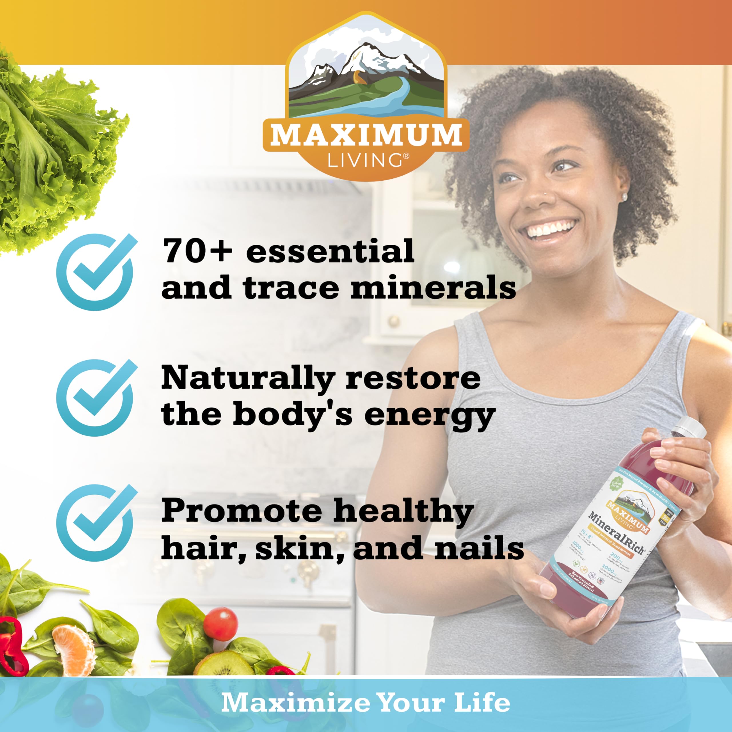 Maximum Living MineralRich etiqueta de la botella mostrando la fórmula premium