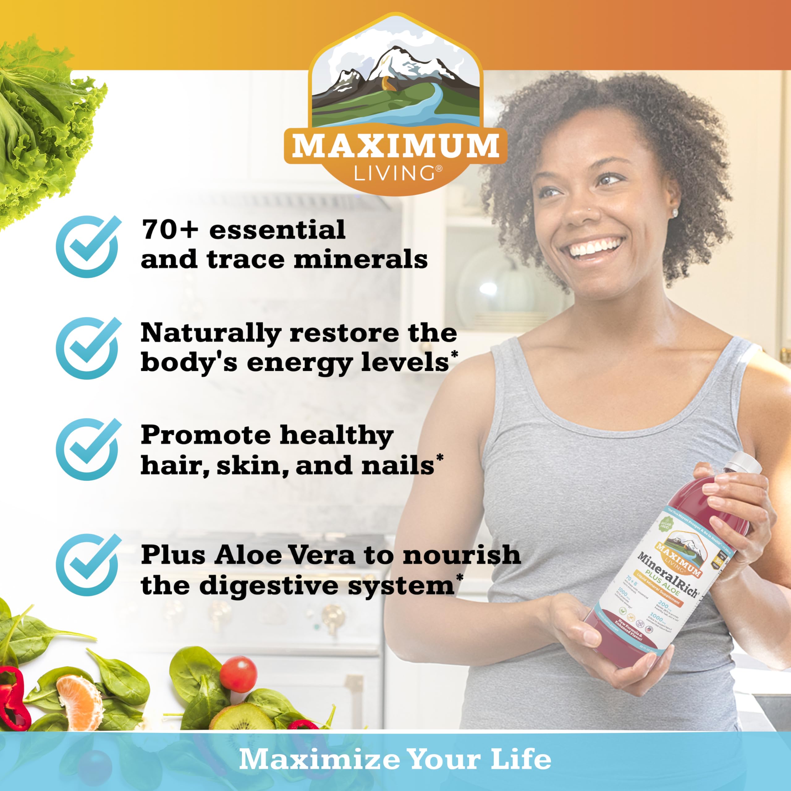 Maximum Living MineralRich etiqueta detallada con ingredientes y porciones