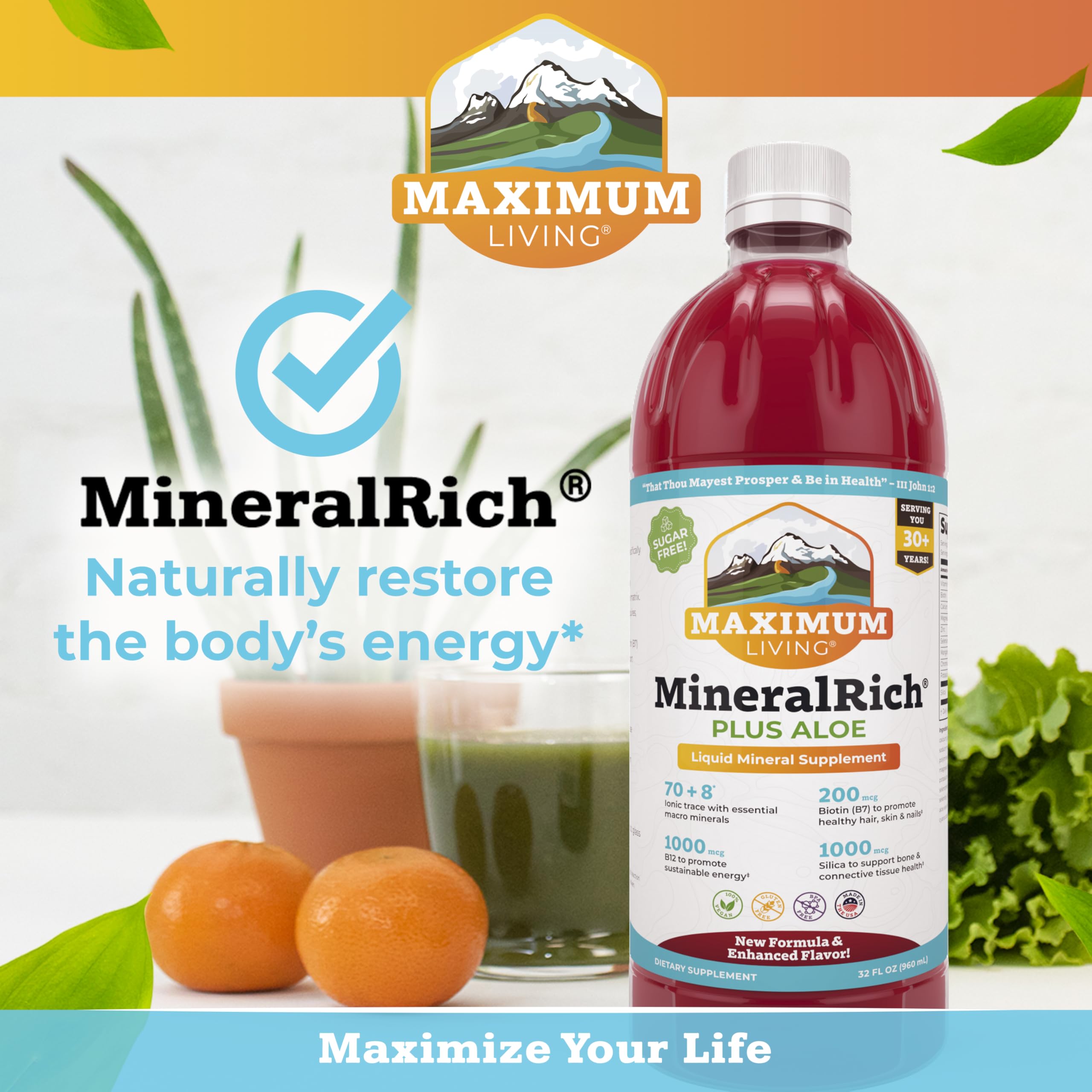Maximum Living MineralRich vaso con líquido, listo para beber durante el día