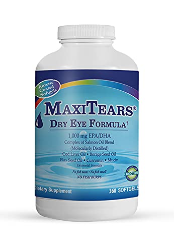 MaxiTears Fórmula para Ojo Seco, botella de 360 cápsulas, nutrición ocular diaria.