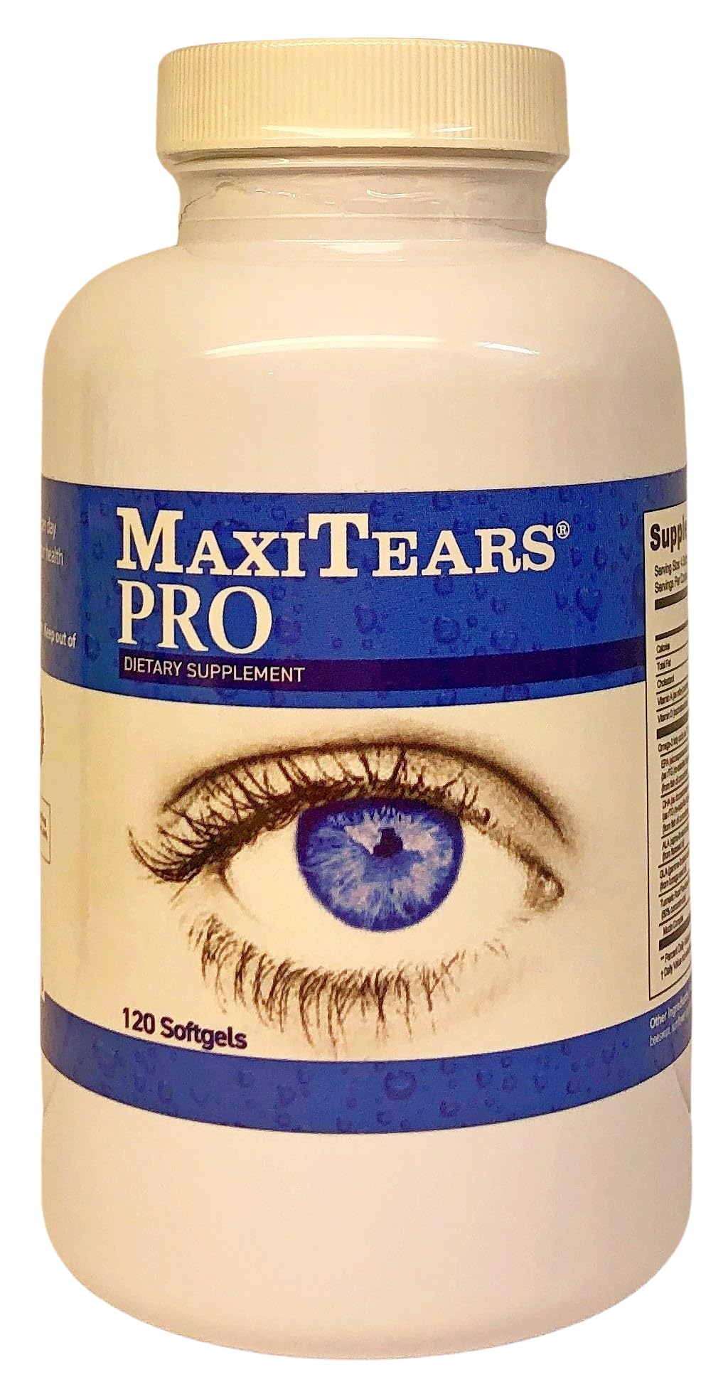 MaxiTears MedOp Pro: botella de cápsulas para nutrición ocular que facilita el uso diario.
