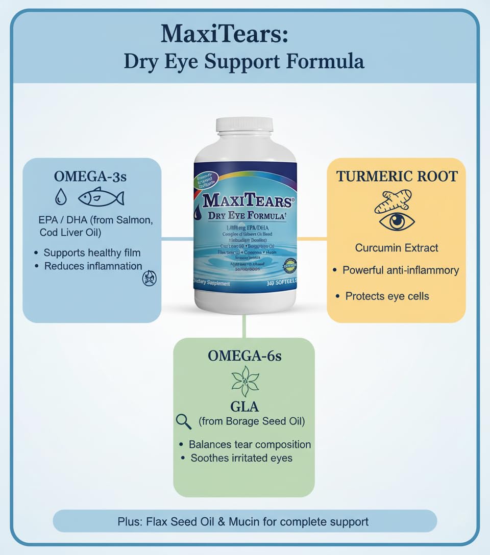 MaxiTears nutrientes con vitaminas A y D3 para la salud ocular.