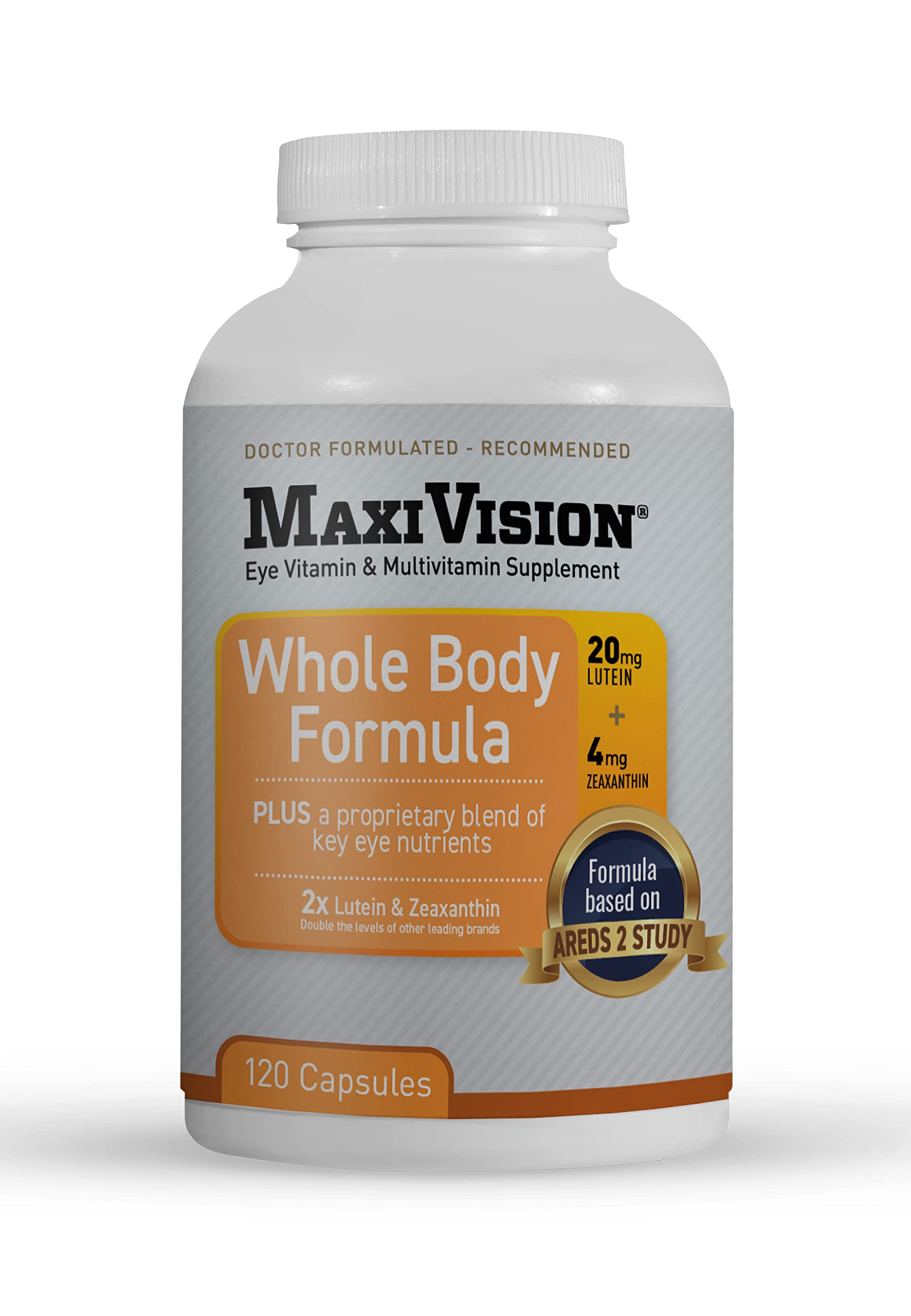 MaxiVision AREDS2: botella de producto mostrando la formulación para salud ocular
