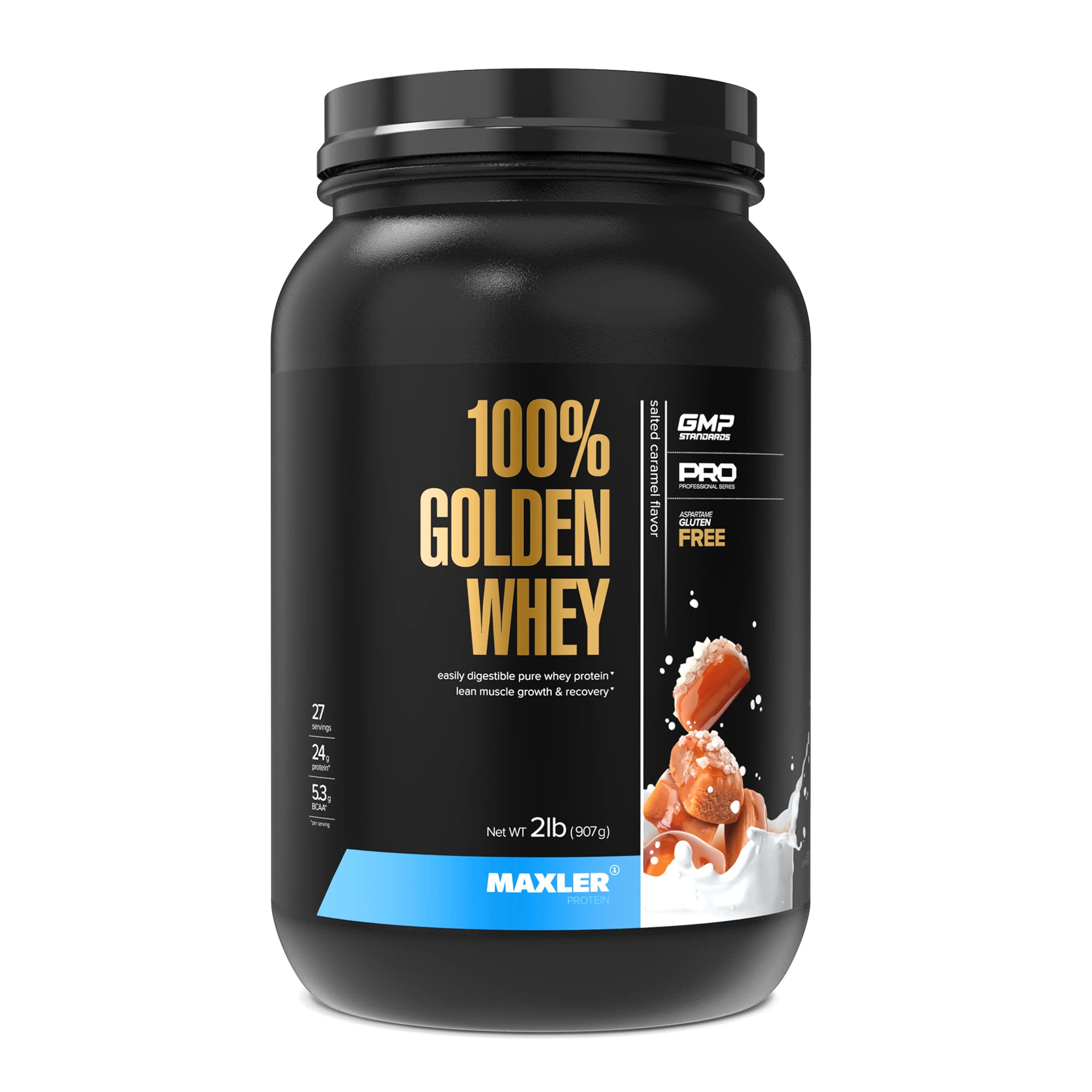 Maxler 100% Golden Whey en bote, proteína de suero de alta concentración para entrenamientos.