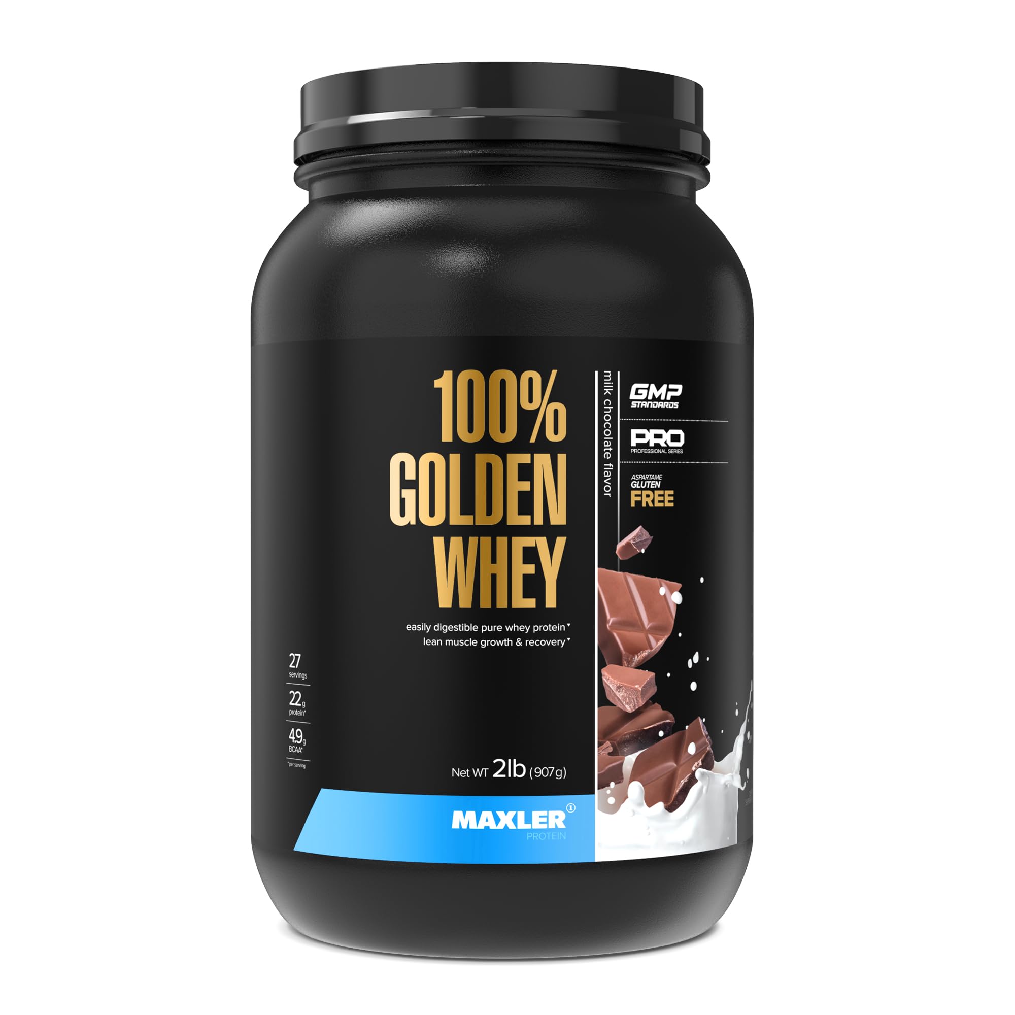 Maxler 100% Golden Whey, cuchara de polvo para batidos proteicos.