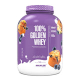 Maxler 100% Golden Whey, empaque frontal, sabor pastel de arándano, proteína de calidad.