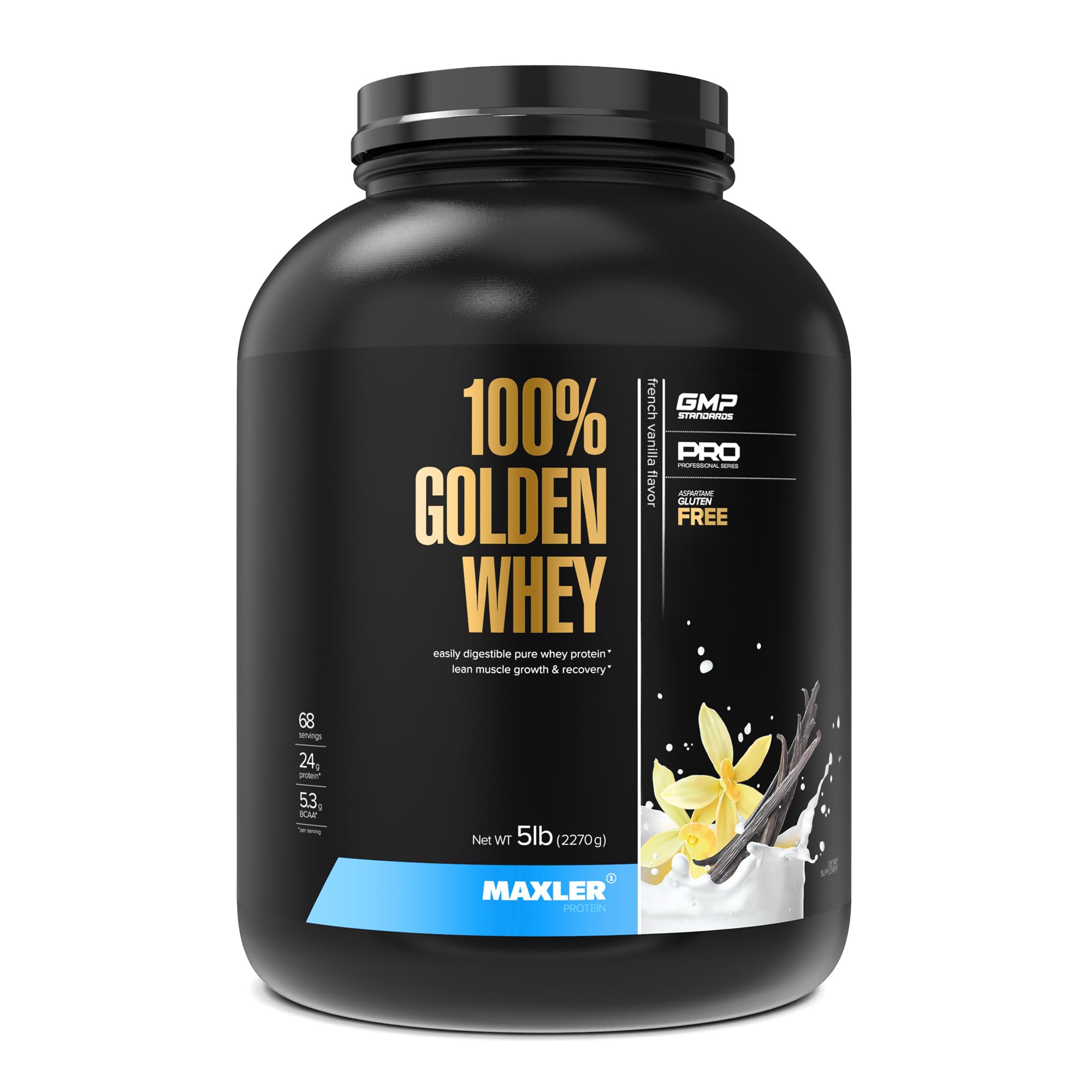 Maxler 100% Golden Whey frente al envase, ideal para entrenamientos.
